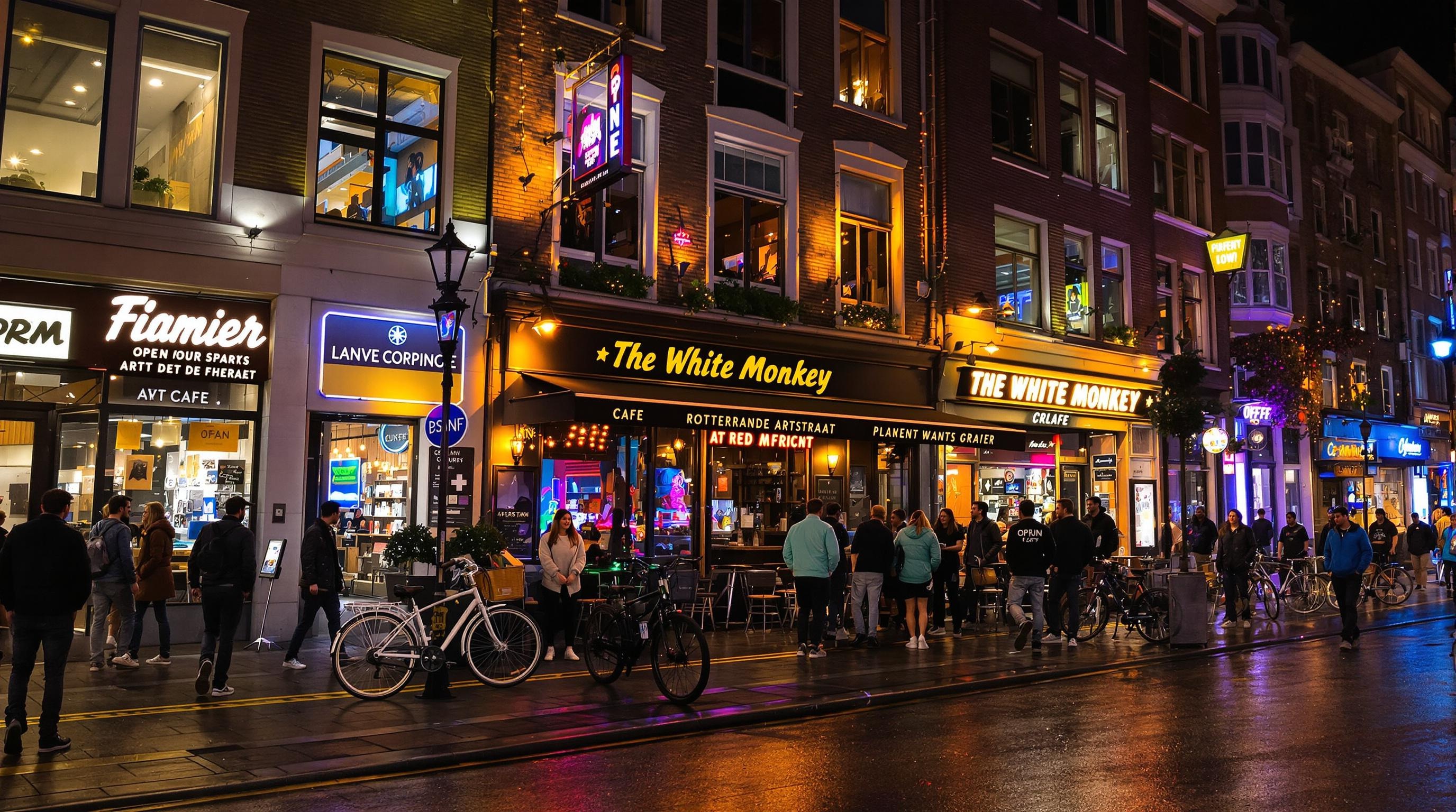 Scène nocturne animée Witte de Withstraat bars lumineux Café The White Monkey ambiance urbaine Rotterdam.