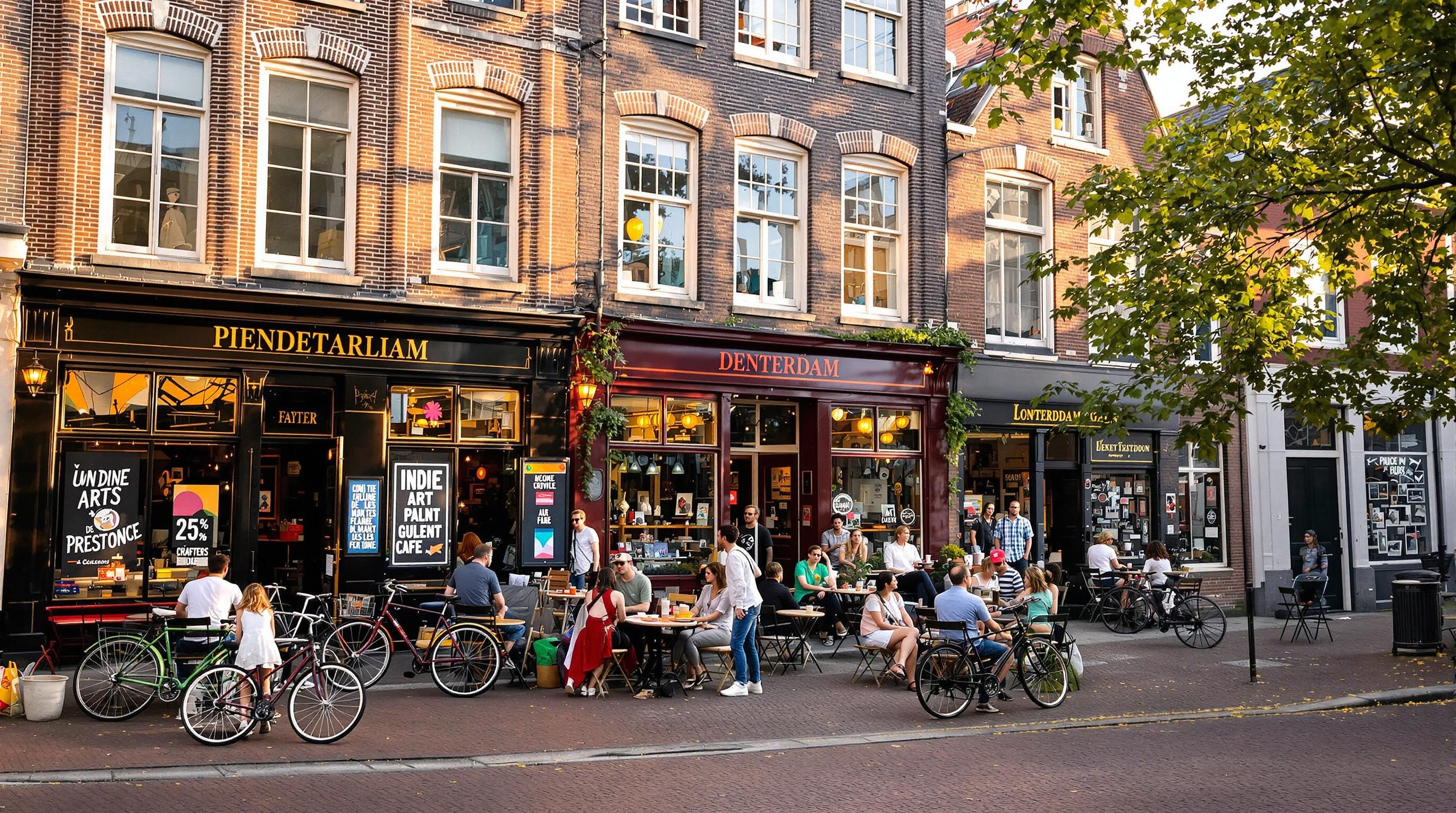 Ruelles du Jordaan avec galeries d'art et cafés bruns typiques d'Amsterdam