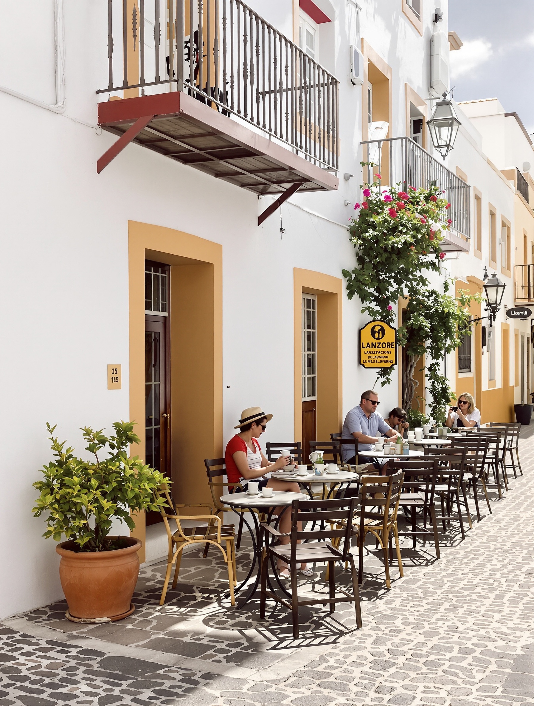 Terrasse calme à Lanzarote en octobre, lumière dorée et ambiance relax.