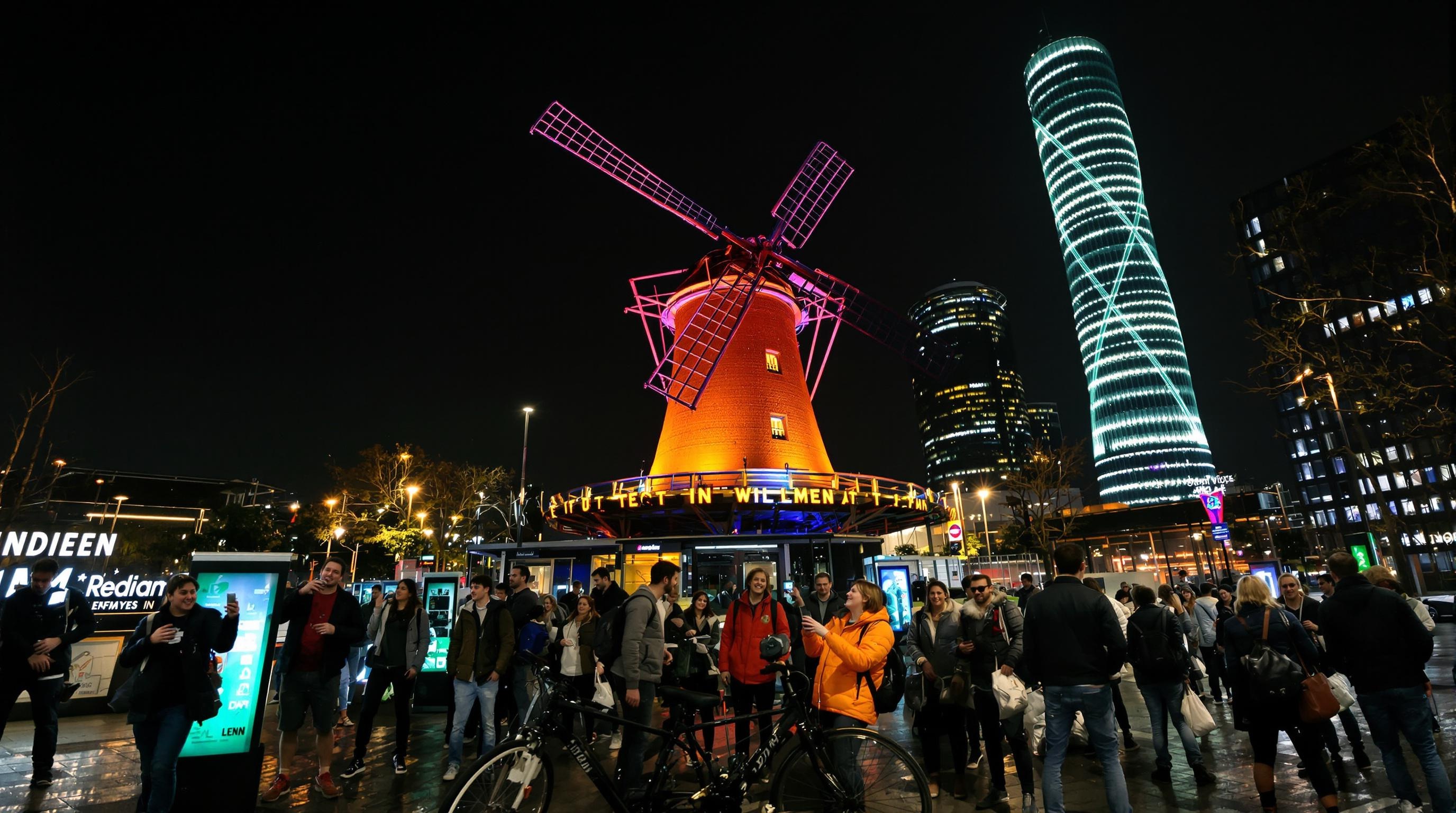 Scène urbaine de Rotterdam de nuit, contraste entre un moulin traditionnel éclairé et une tour futuriste en arrière-plan. Un groupe de voyageurs prend des selfies, certains sourient, d'autres galèrent avec un vélo en libre-service ou déballent des câbles USB. Ambiance décalée, tons saturés, clin d'oeil à la diversité architecturale.
