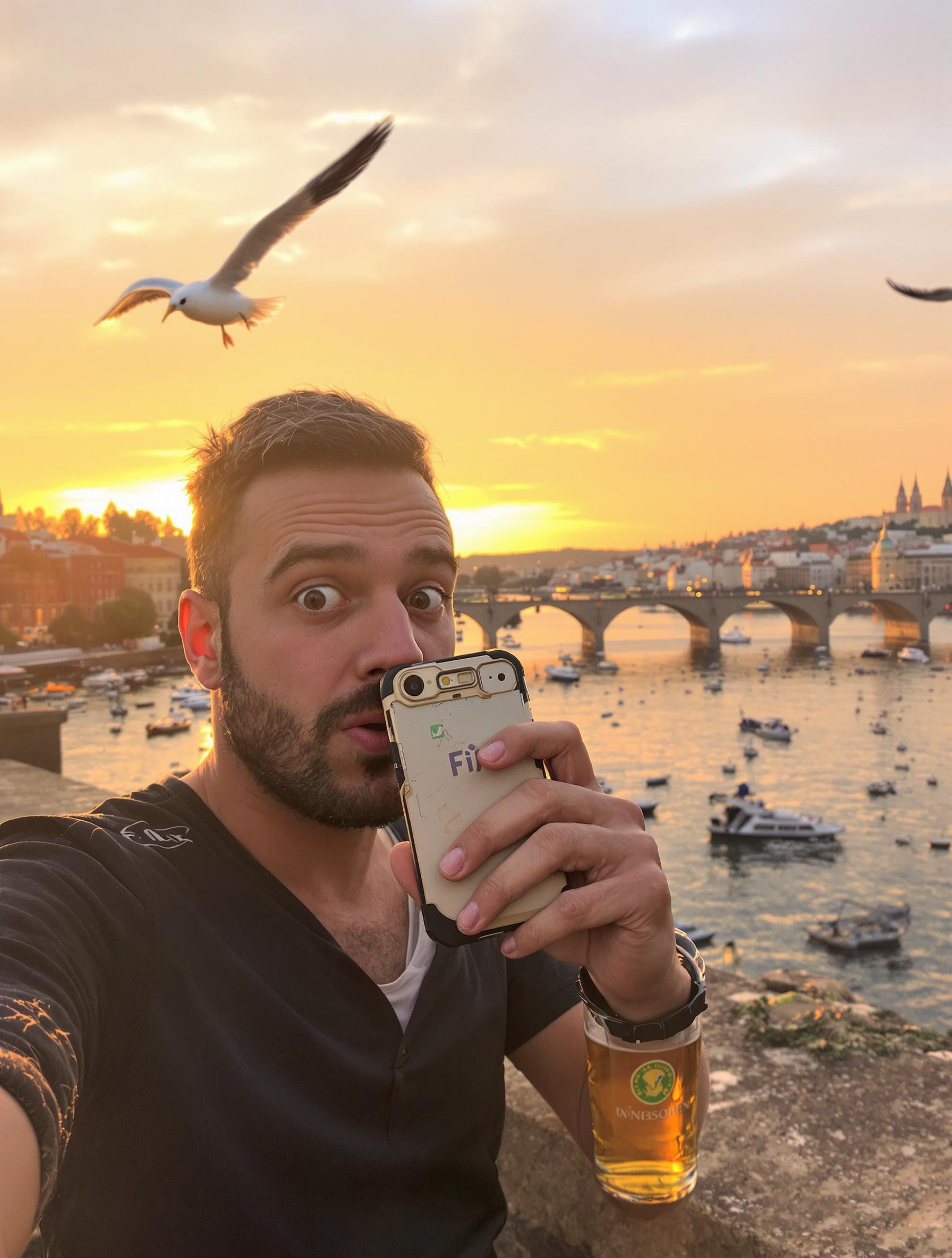 Personne testant le wifi sur un quai de la Vltava avec une mouette en arrière-plan et une pinte de bière.