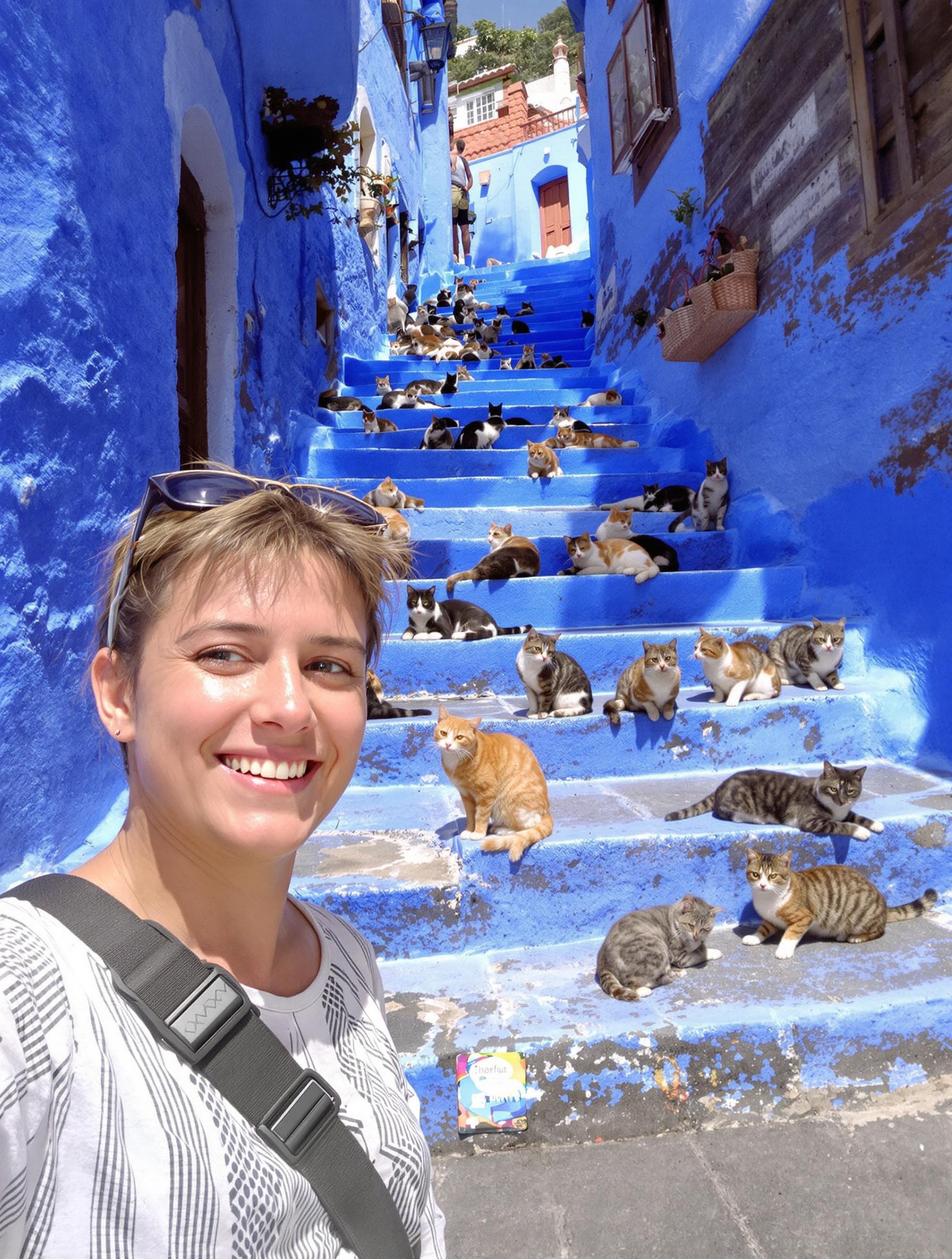 Voyageur prenant un selfie sur escalier bleu à Chefchaouen, chats de rue, lumière naturelle.