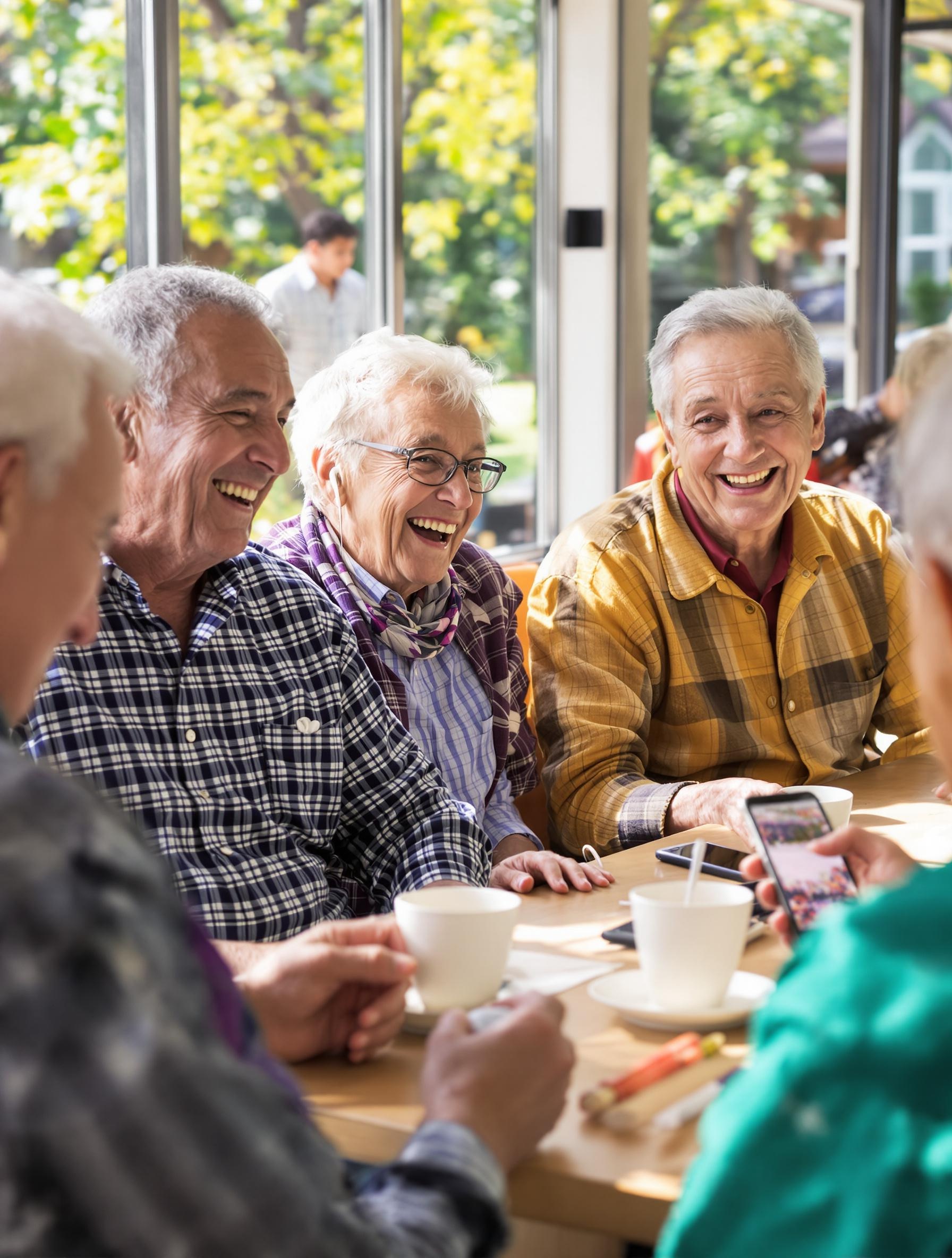 Groupe de seniors en voyage, autour d'une table avec écouteurs pour se détendre