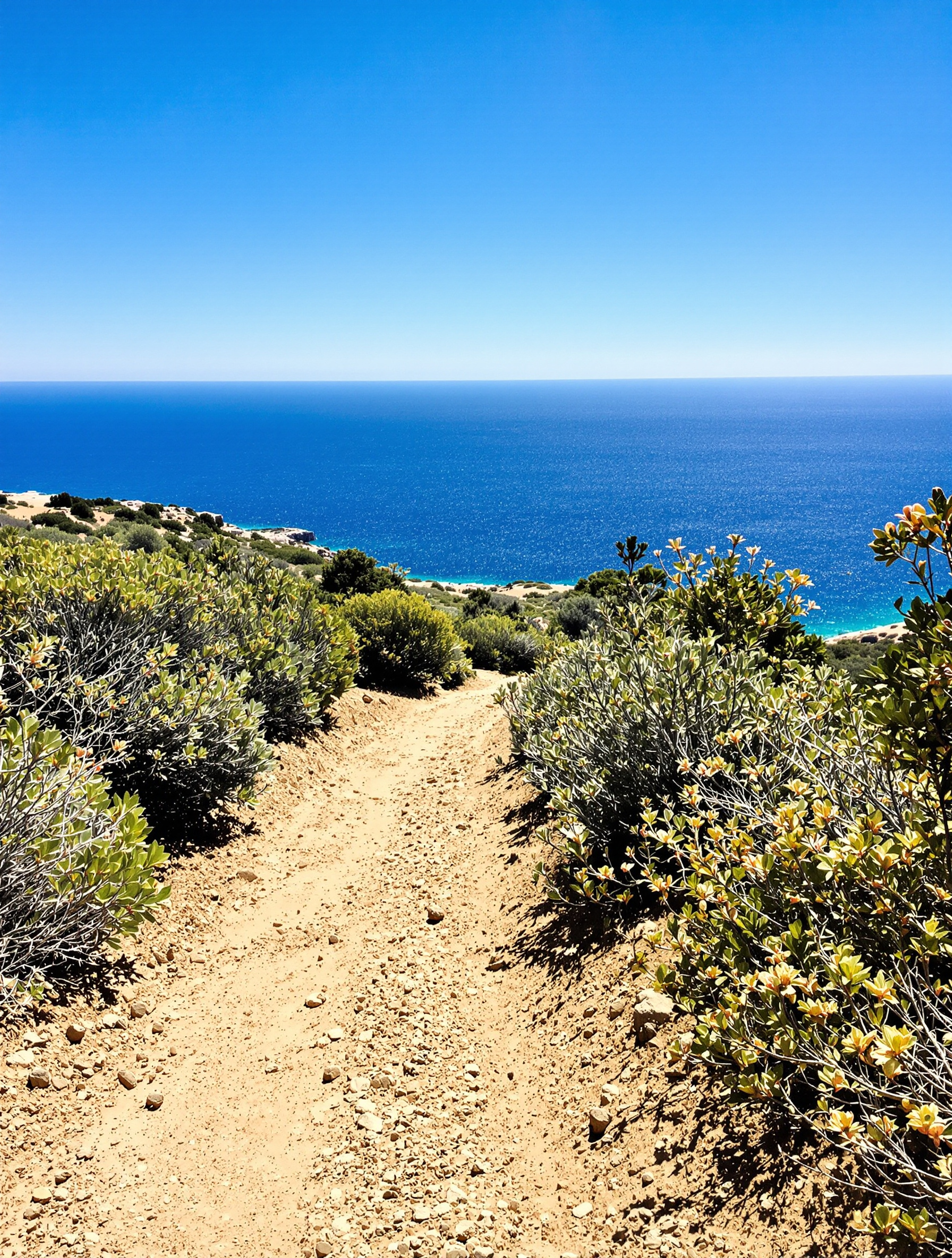 Sentier des douaniers dans le désert des Agriates : chemin brut serpentant dans le maquis avec vue sur la mer.