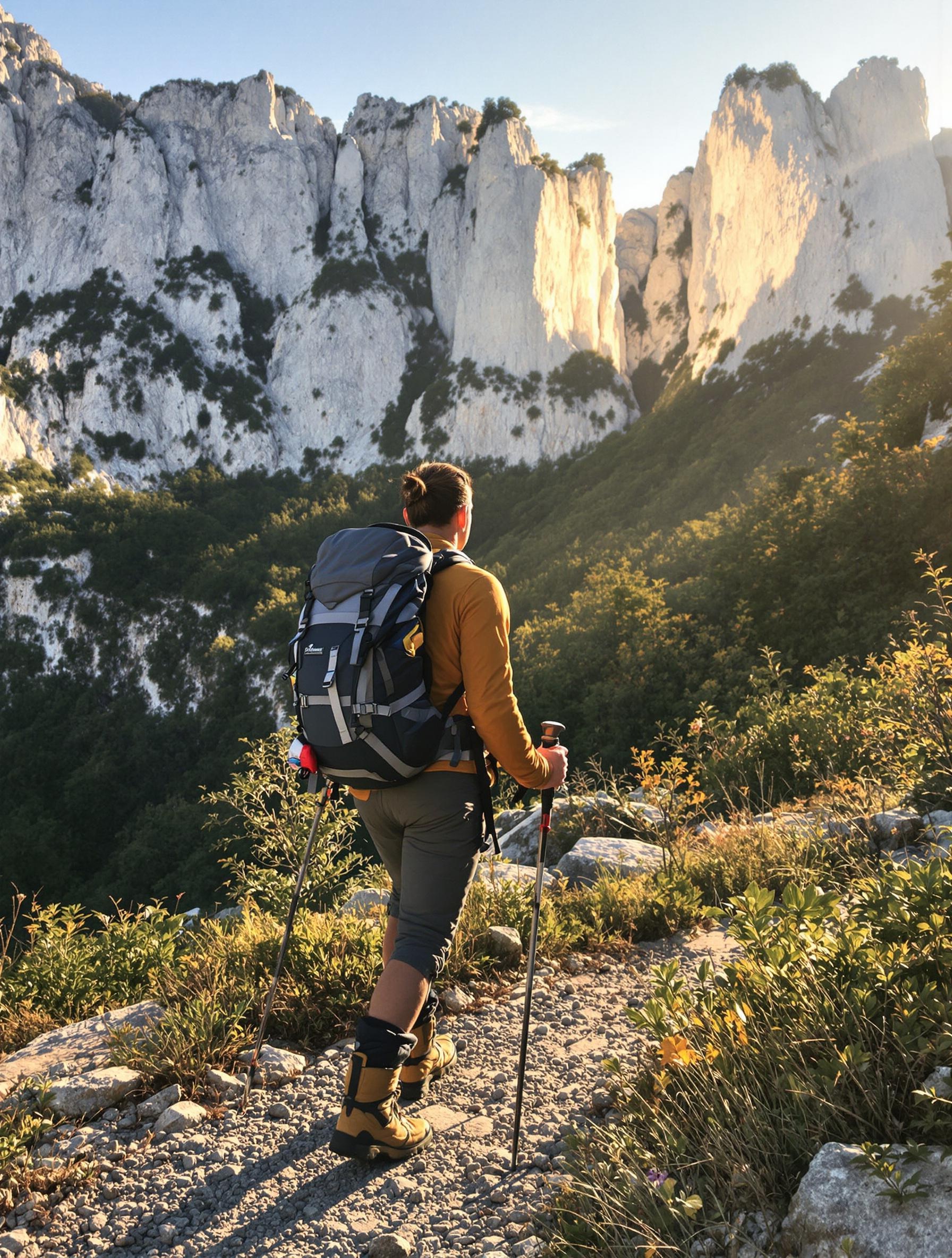 Un randonneur équipé dans le parc national de Paklenica, devant des falaises imposantes.