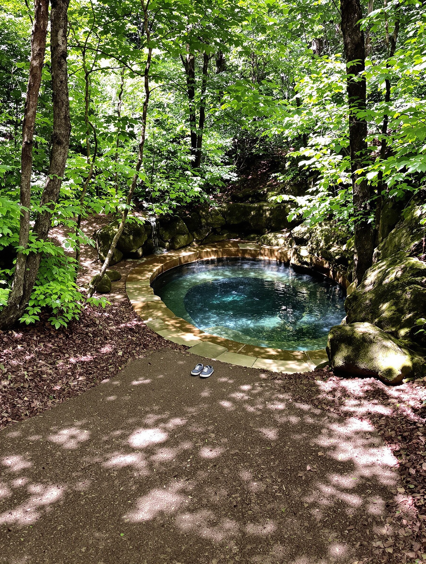 sentier vers la source thermale naturelle chaussures posées bord bassin rusticité