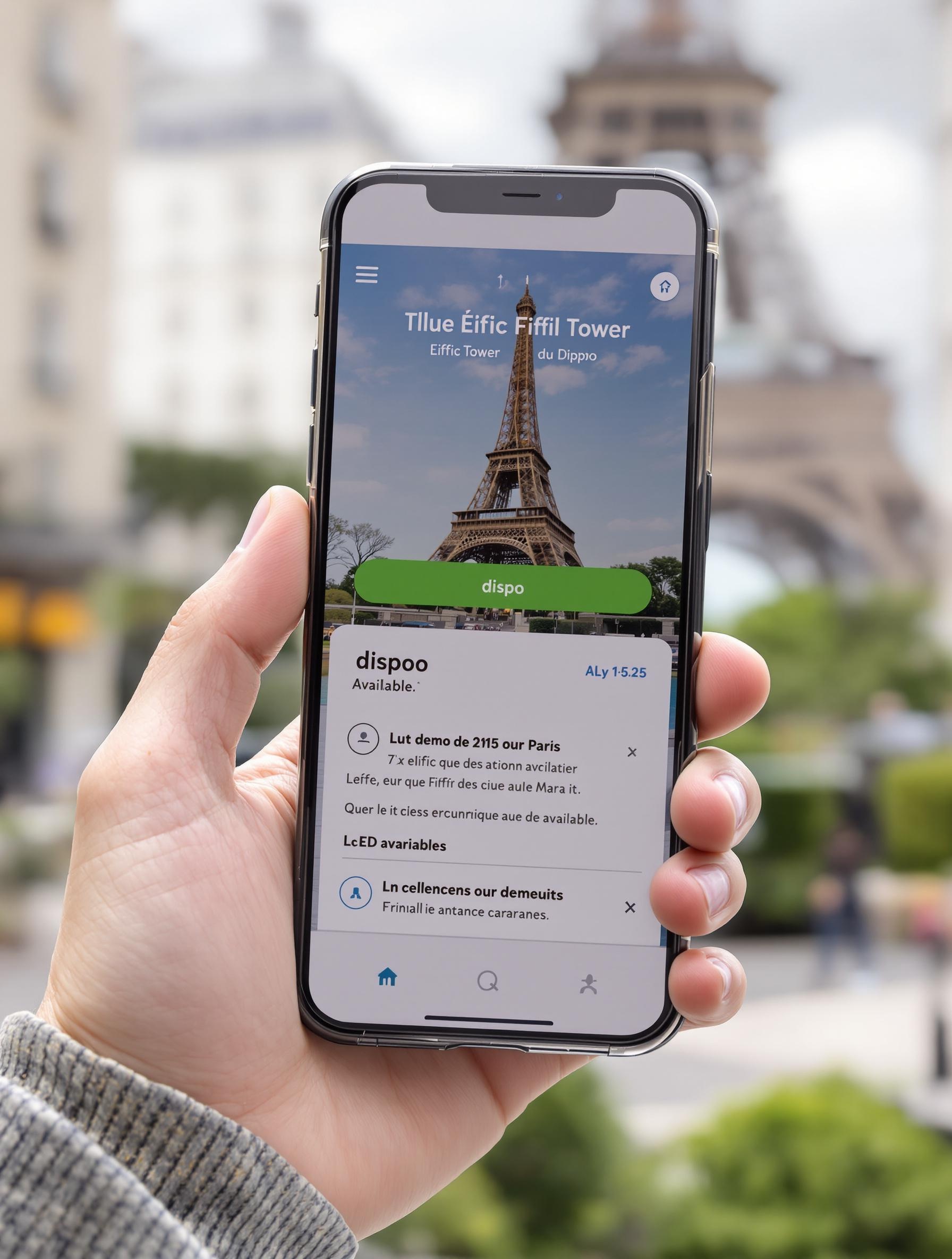Smartphone affichant appli officielle billet horodaté Tour Eiffel, créneau vert ‘dispo’, interface française moderne, coupe-file visible en évidence, contexte Paris urbain.
