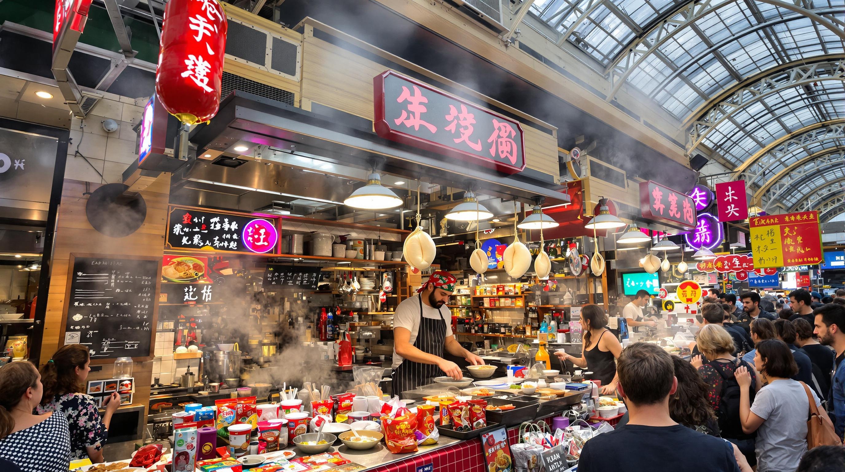 Stand ramen bao marché Sant Antoni Barcelone street food asiatique