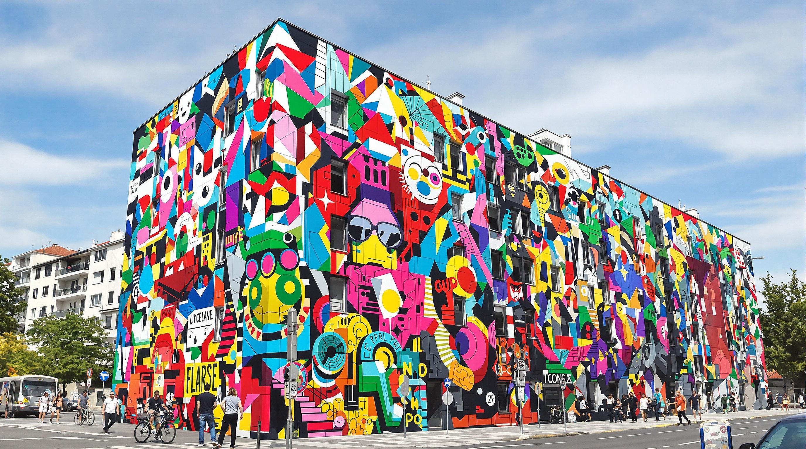Street-art coloré sur un immeuble de Villeurbanne, montrant dynamisme culturel hors Lyon intra-muros.
