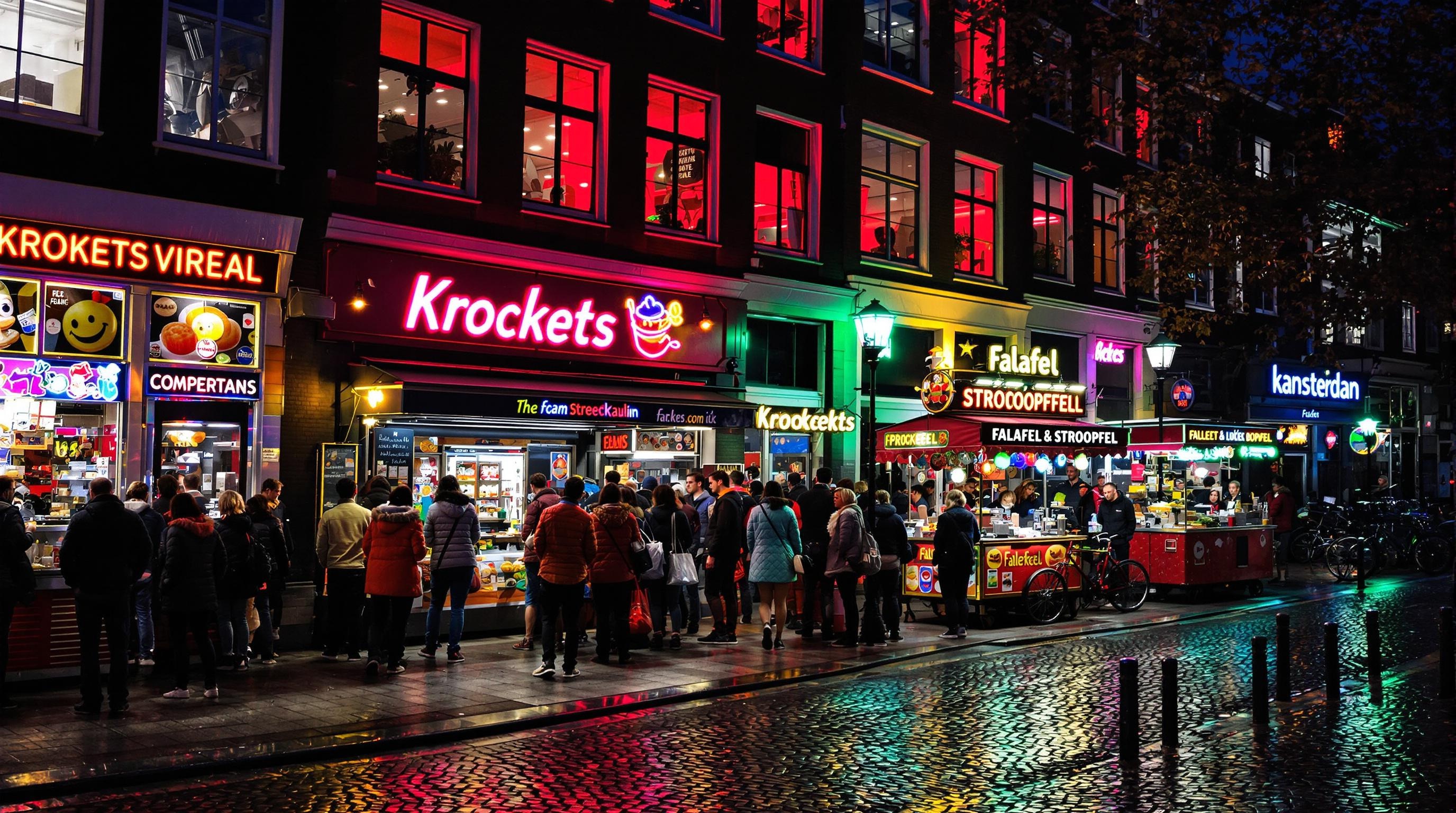 Scène de street food dans le Quartier Rouge avec kroket, falafel et stroopwafel