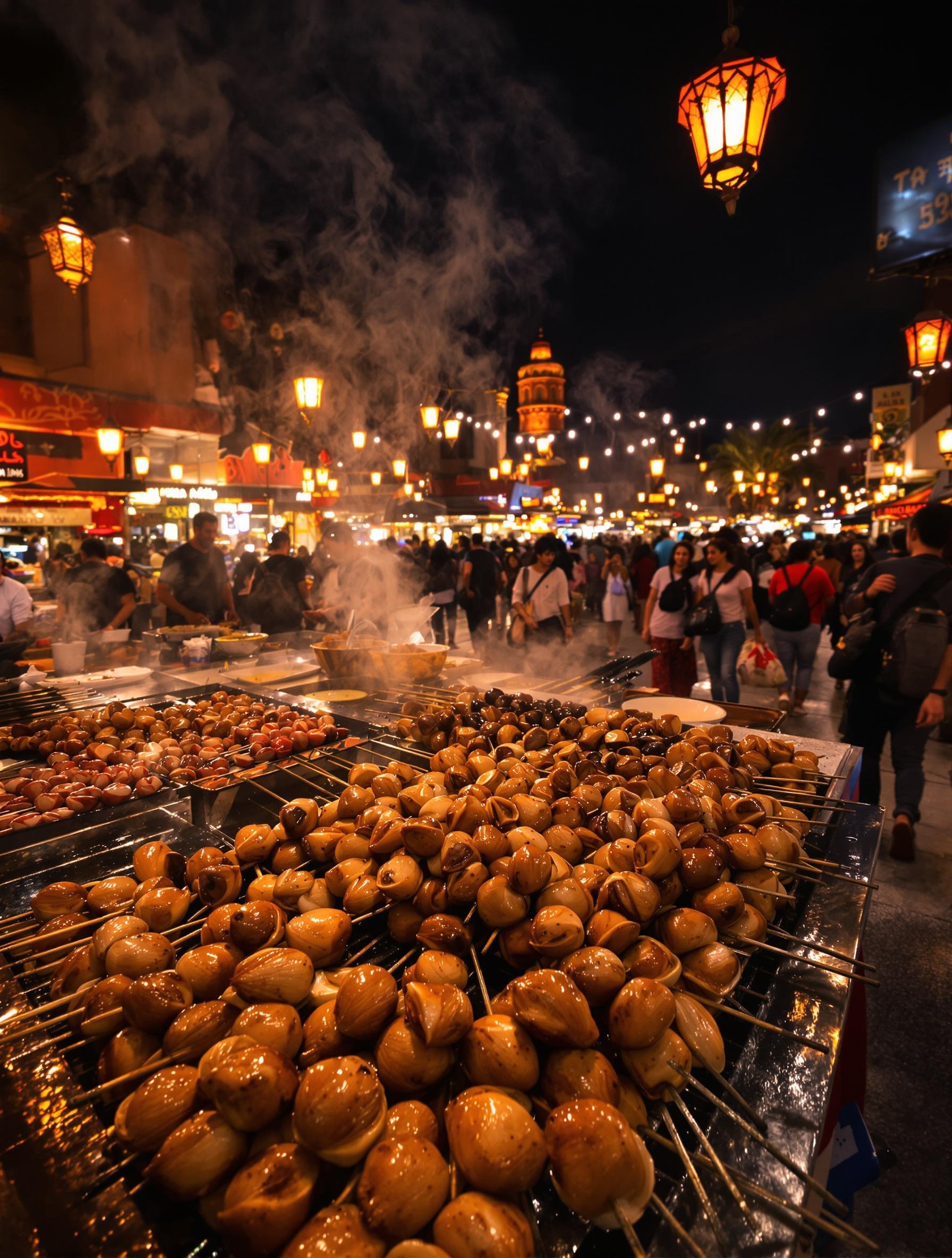 Stand street-food Marrakech Jemaa el-Fna brochettes escargots nuit foule.
