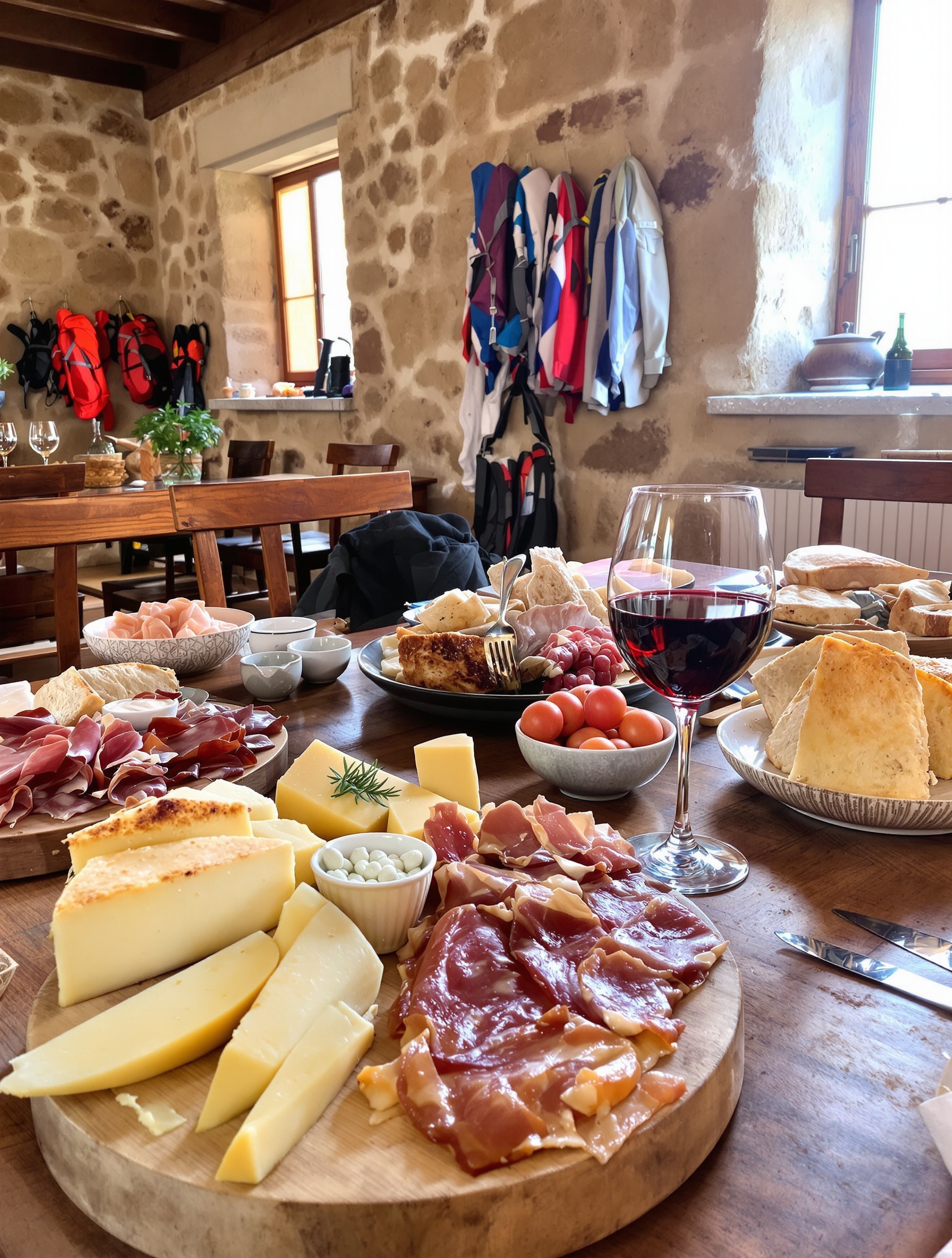 Table corse rustique dressée avec charcuterie locale, fromage de brebis, pain de campagne et un verre de vin rouge dans une auberge traditionnelle à Calenzana après randonnée