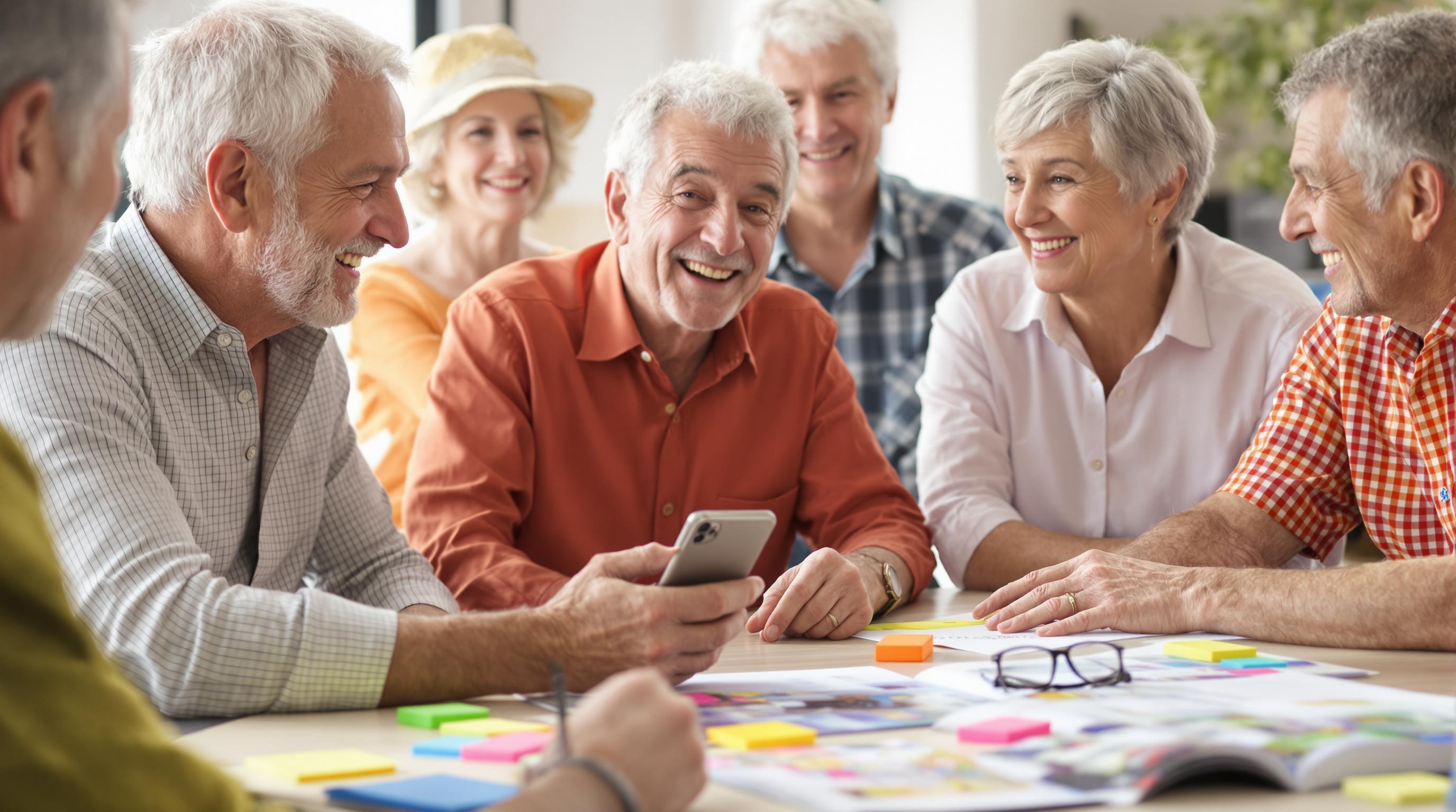 Table ronde de seniors actifs avec un guide de voyage et un smartphone