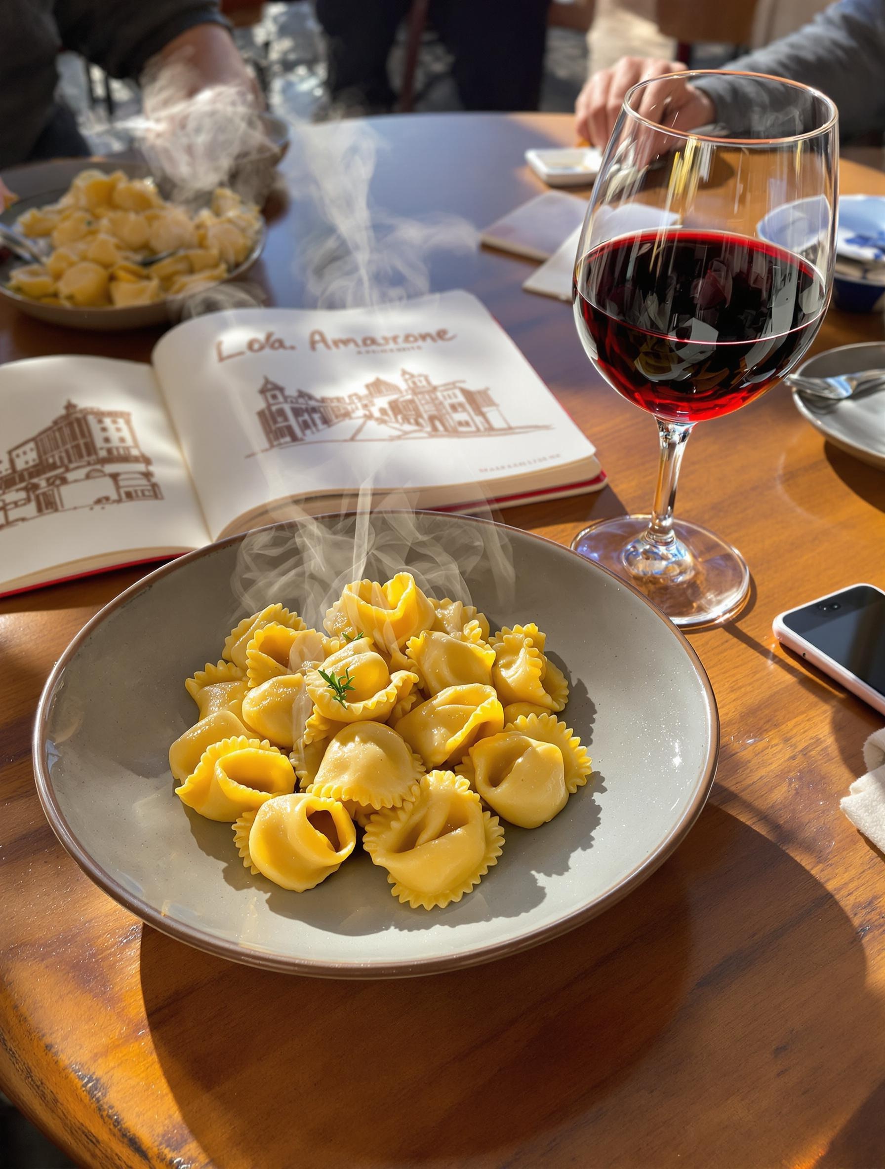 Table rustique dans une osteria de Vérone : tortellini di Valeggio fumants et Amarone