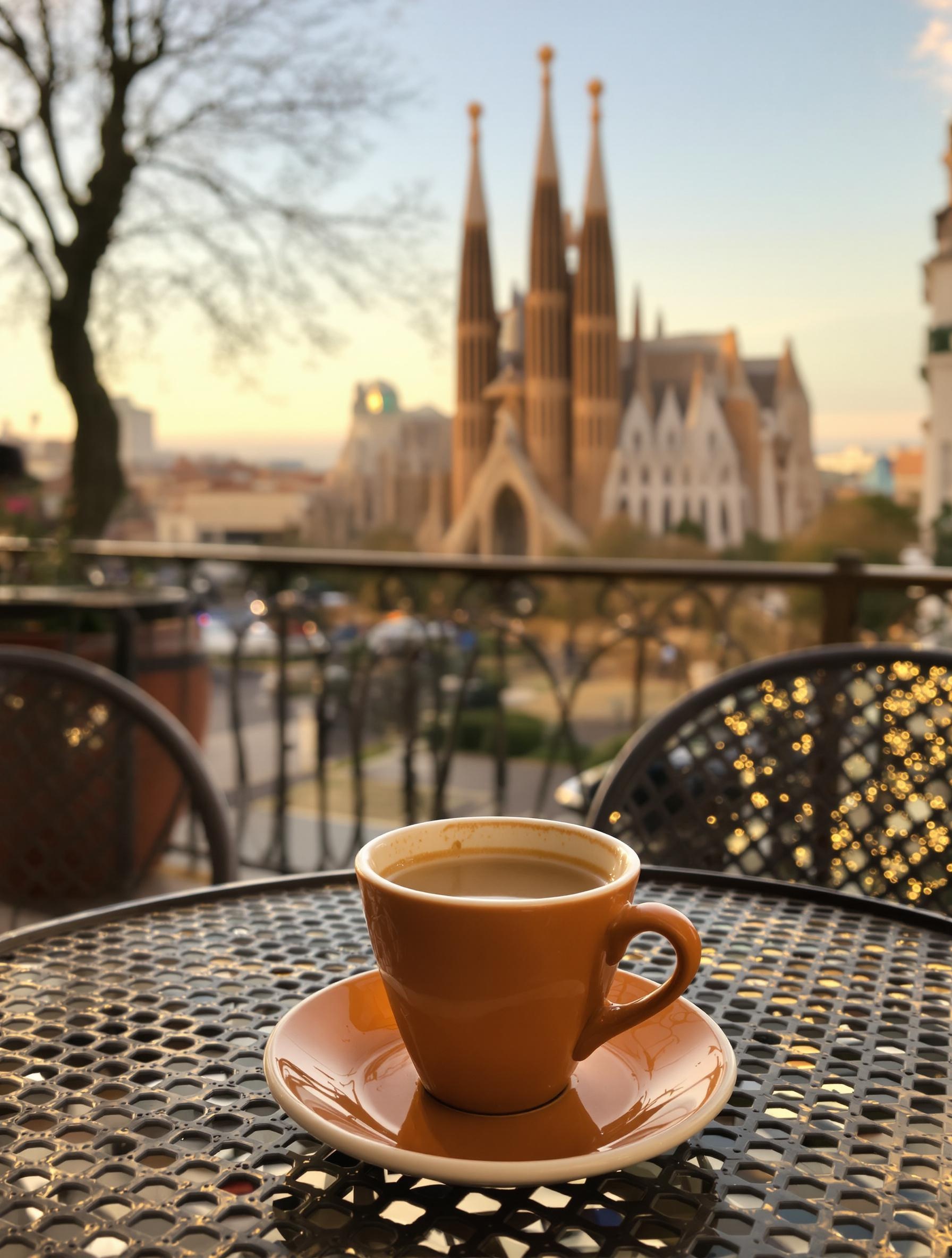 Espresso terrasse Barcelone Sagrada Familia lever du soleil