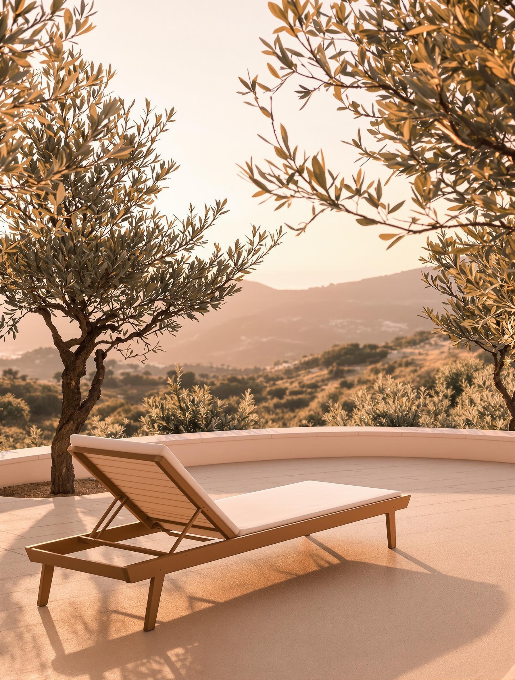 Terrasse d’un agriturismo dans l’oliveraie, chaise longue face aux collines et mer au loin, golden hour rose