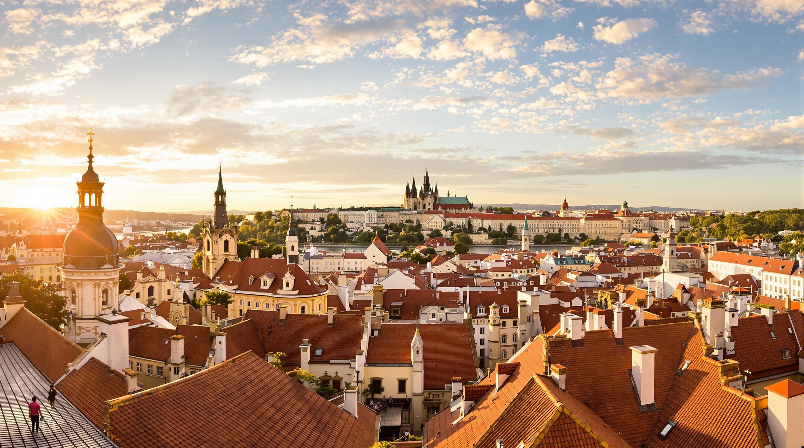 Terrasse panoramique du Vrtba Garden à Prague, vue sur les toits baroques et le château.