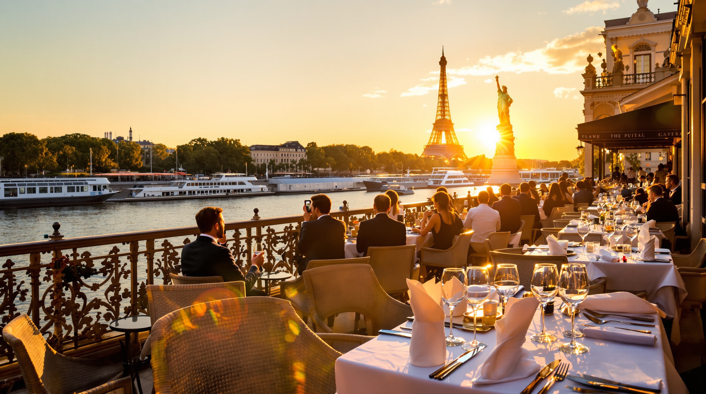 Terrasse de restaurant chic avec vue sur la Seine et monument parisien au coucher de soleil