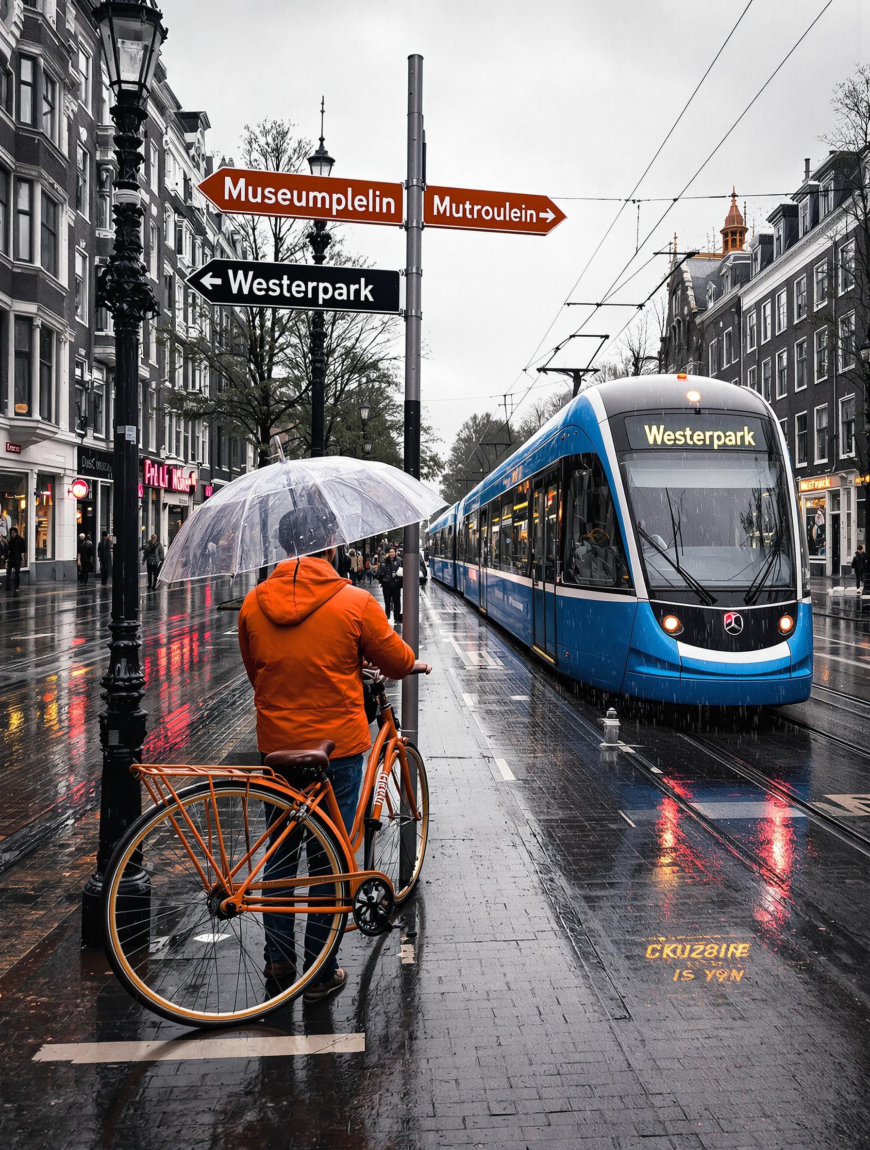 Touriste hésitant entre vélo et tram sous la pluie à Amsterdam