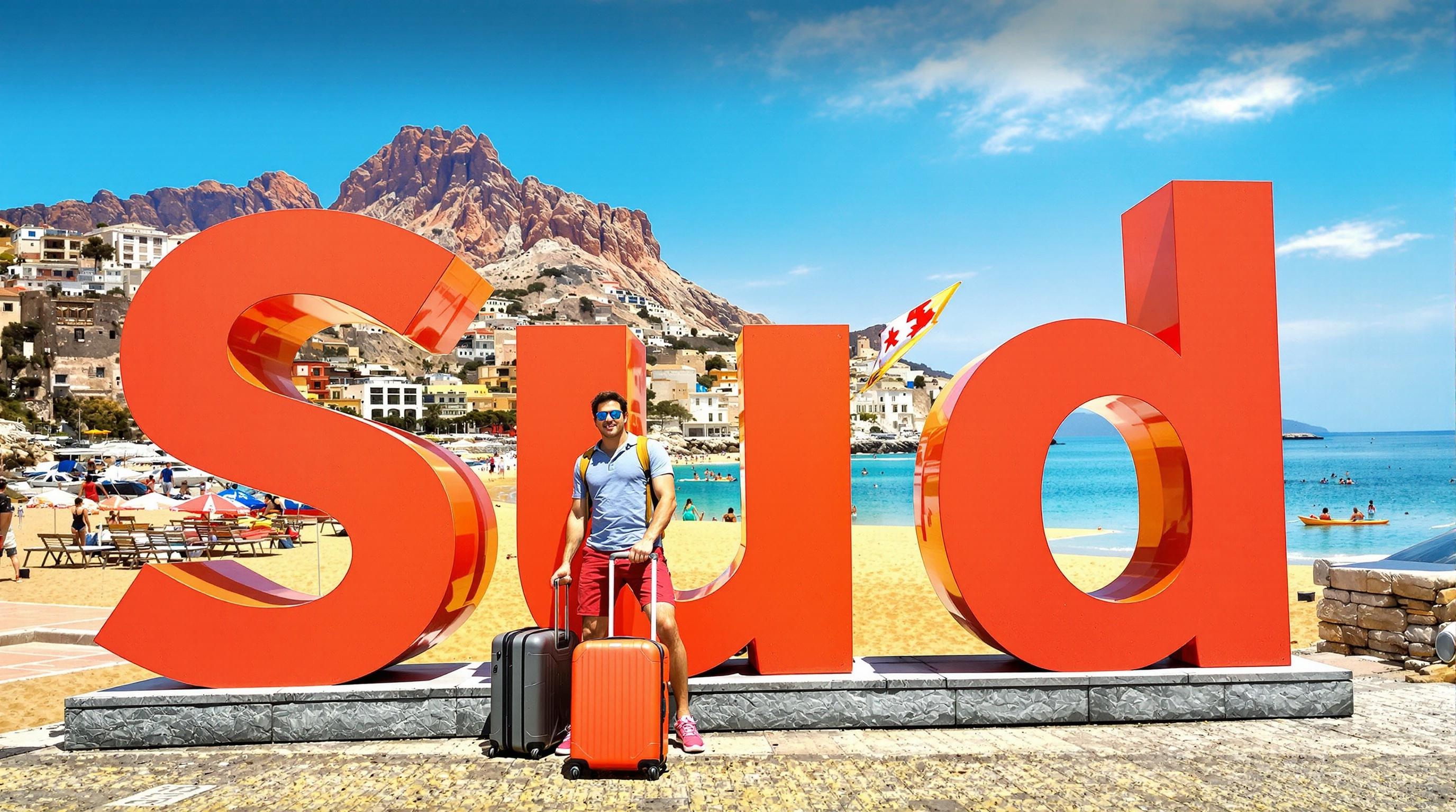 touriste complice prêt à découvrir Fréjus devant panneau Sud Côte d'Azur