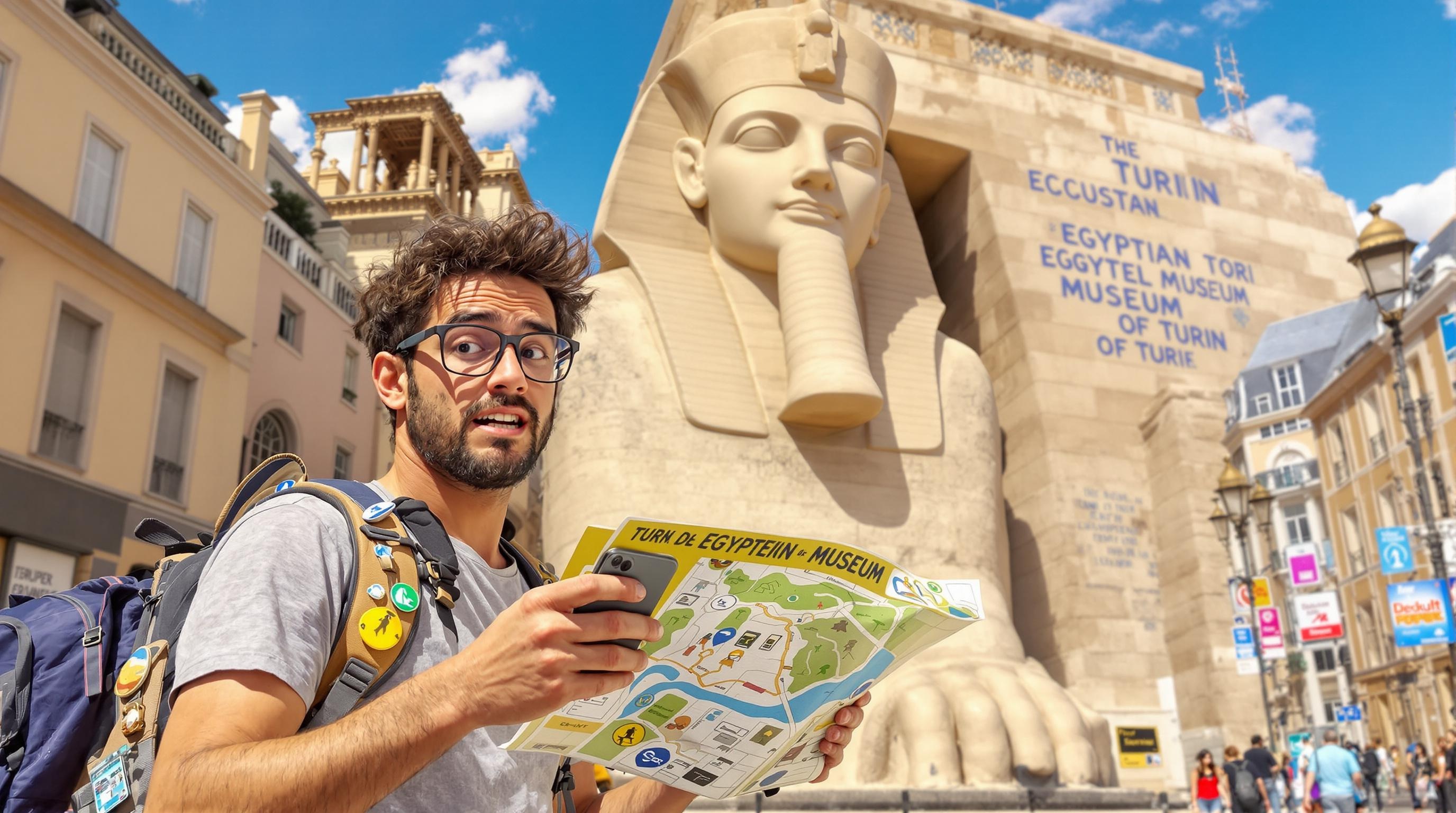 Un visiteur analysant un plan du Museo Egizio