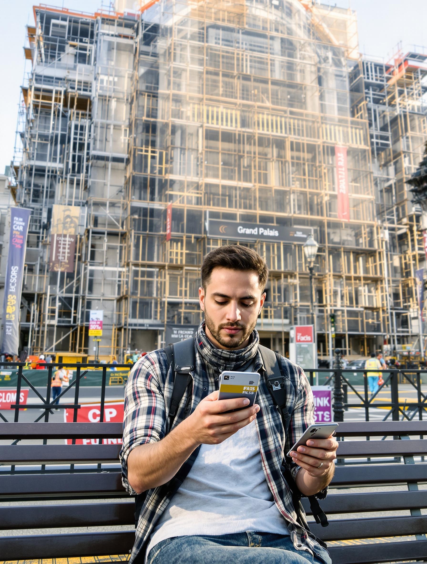 Touriste assis sur un banc, smartphone à la main, carte bancaire sans contact visible, devant le Grand Palais en travaux (échafaudages, banderoles de chantier), ambiance matinale Paris 2025.