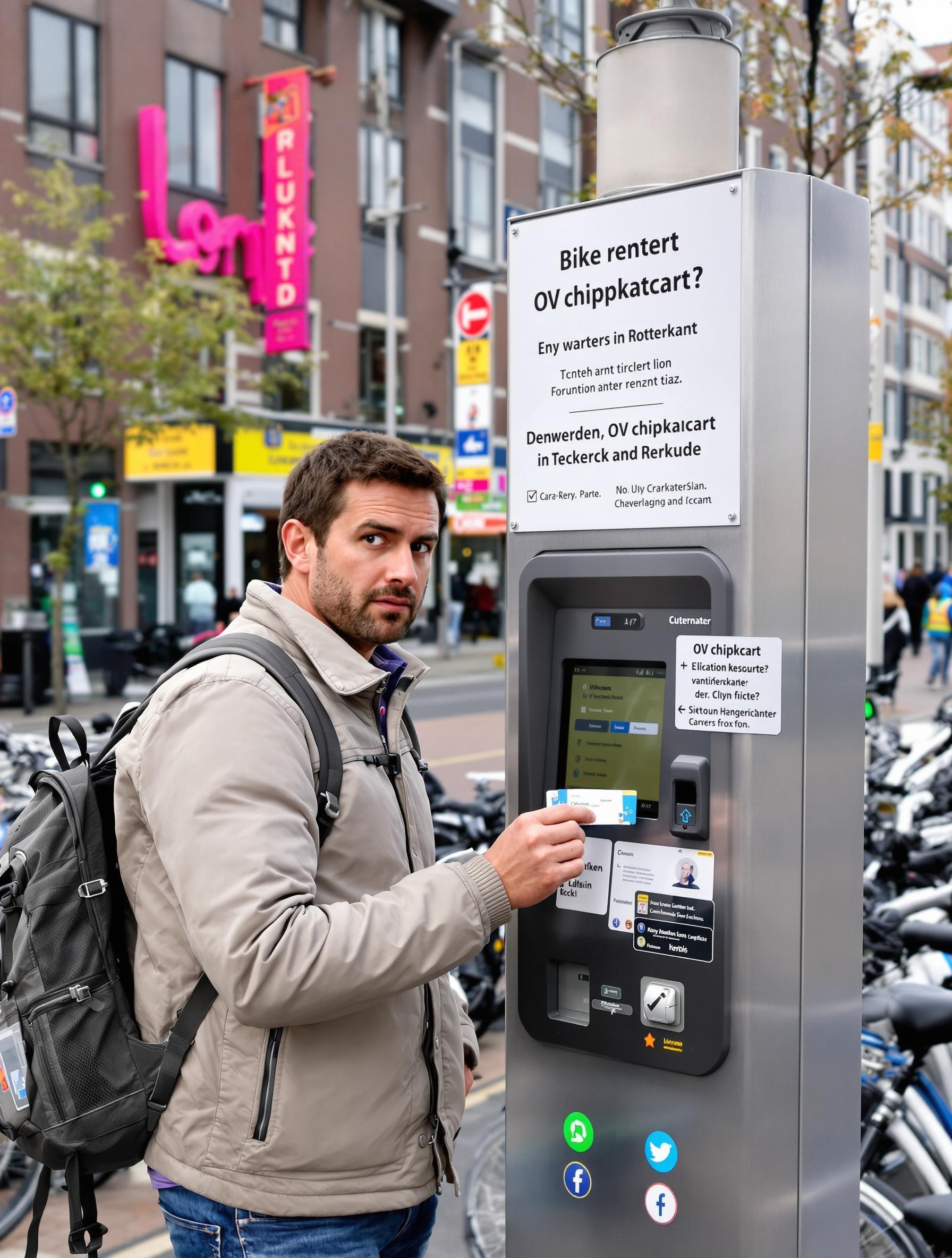 Touriste perdu devant borne location vélo OV-chipkaart Rotterdam.