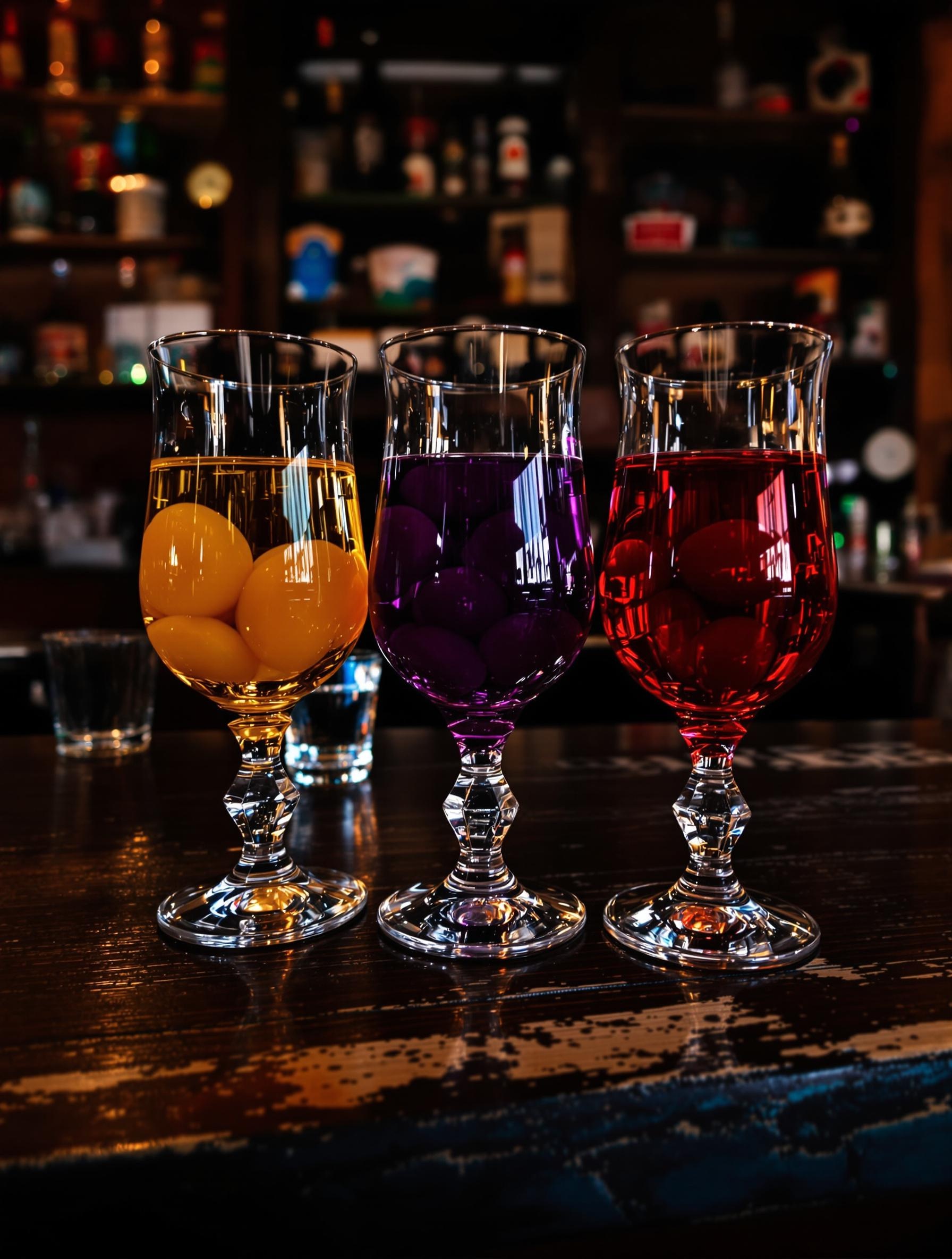 Trio de verres de pálinka (abricot, prune, cerise) sur un bar vintage avec shot d'eau en fond