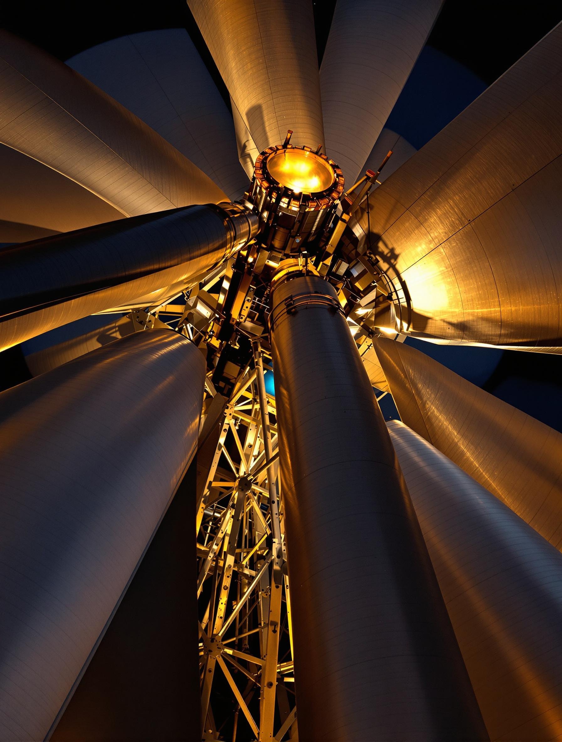 Vue en contre-plongée des turbines rétro-éclairées d’Escal’Atlantic, rappelant l’ingénierie Art Déco des grands liners français.