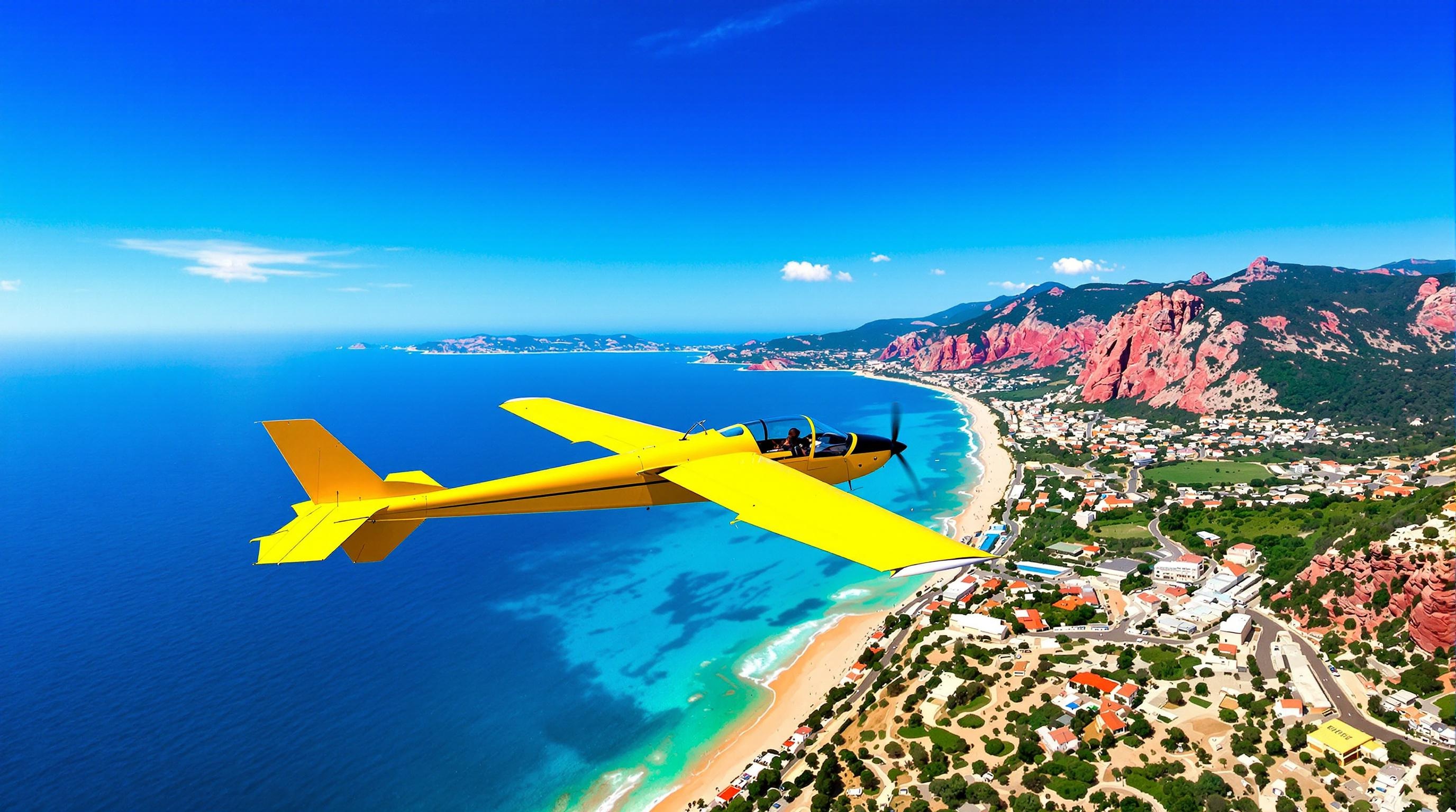 ULM jaune survolant Fréjus, vue sur Méditerranée et Estérel