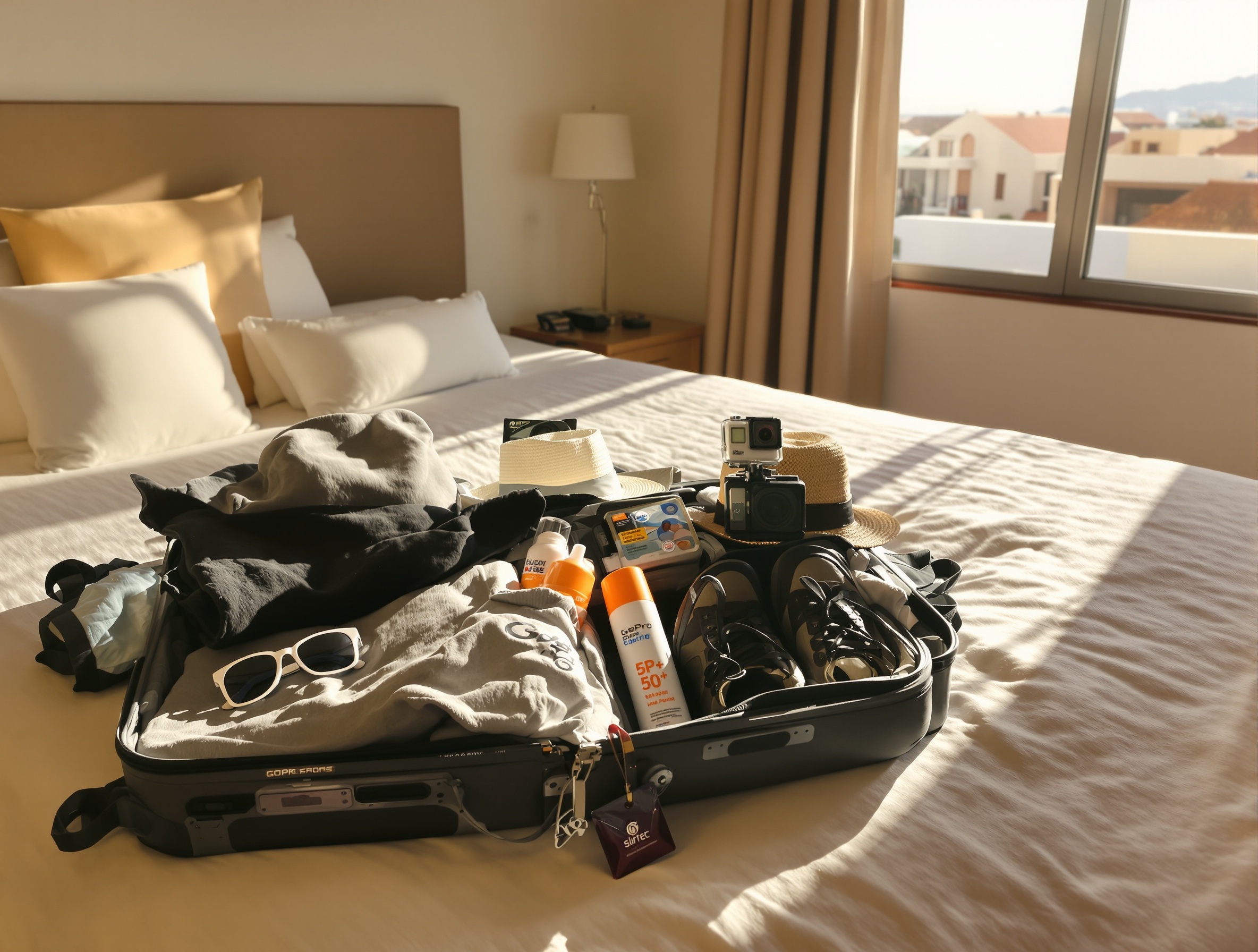 Valise ouverte avec vêtements légers, sweat, lunettes de soleil et matériel tech à Lanzarote.