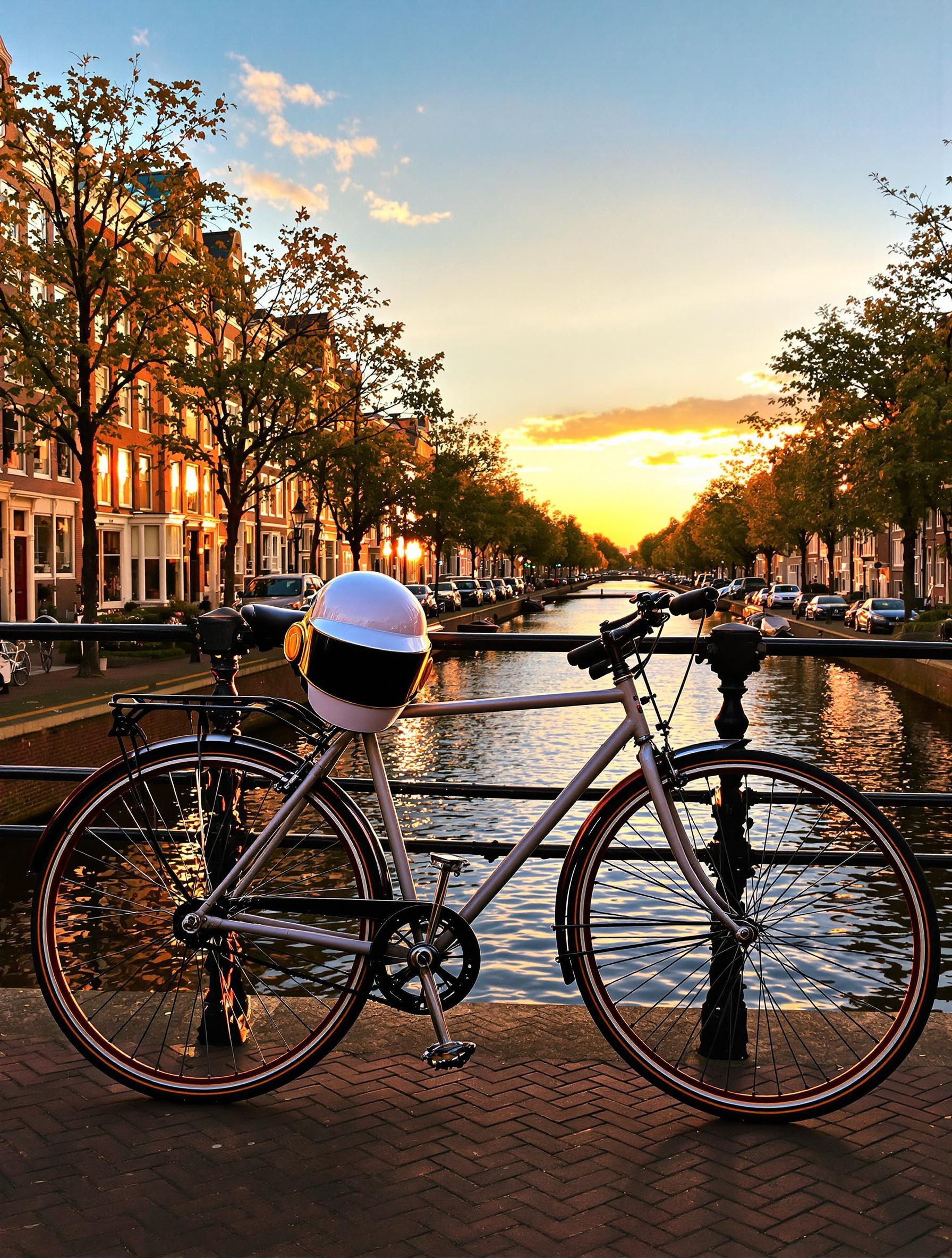 Cycliste sur un pont à Amsterdam au coucher du soleil, ambiance électro