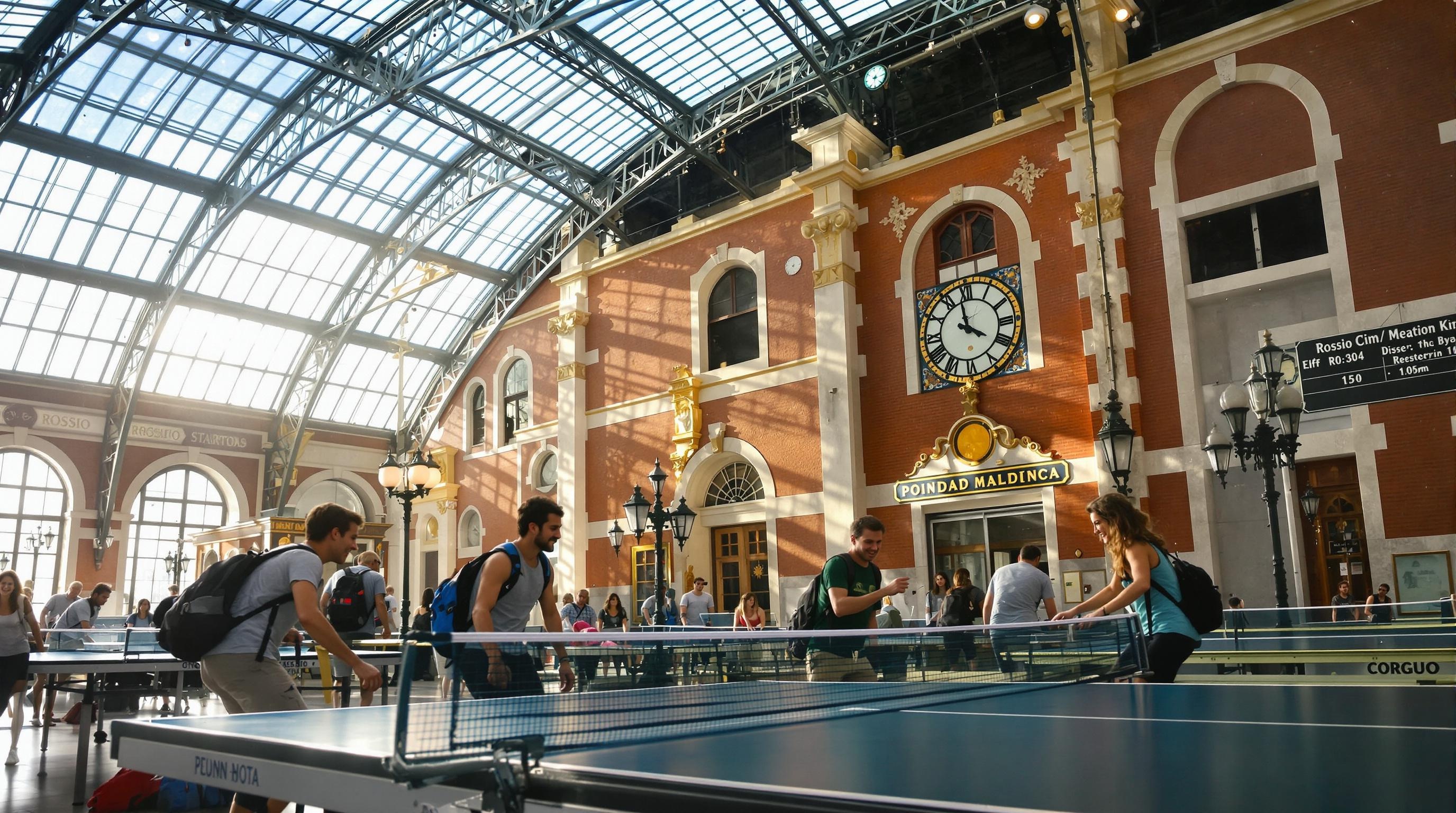 Backpackers jouant au ping-pong sous la verrière de Rossio Station.