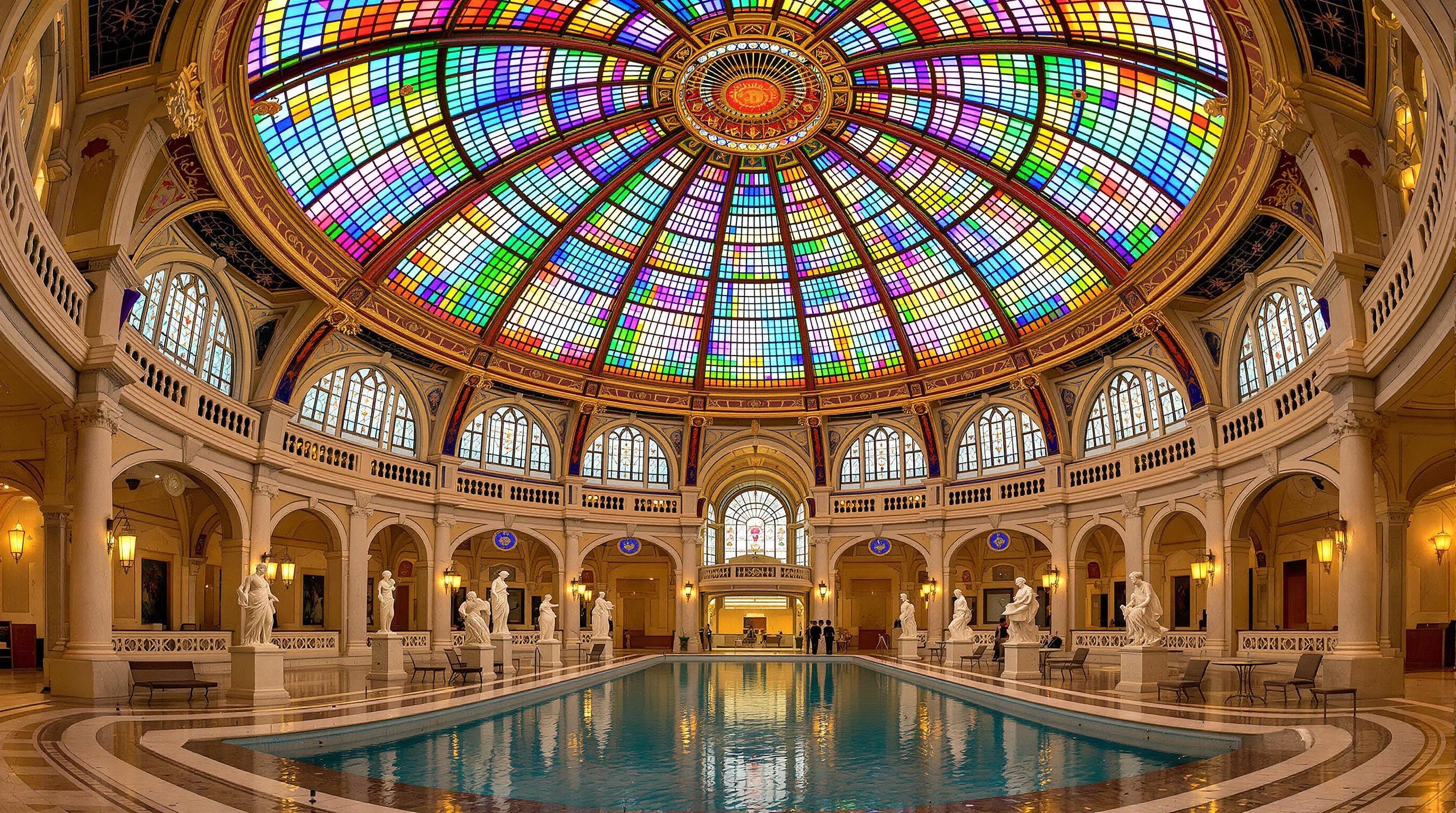 Verrière Zsolnay multicolore de 1918 au-dessus du hall principal des thermes Gellért
