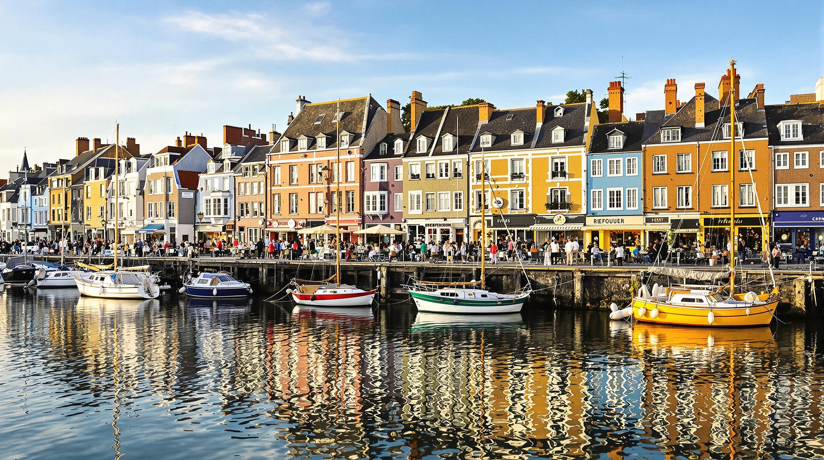 Vieux Bassin animé à Honfleur avec maisons colorées et bateaux