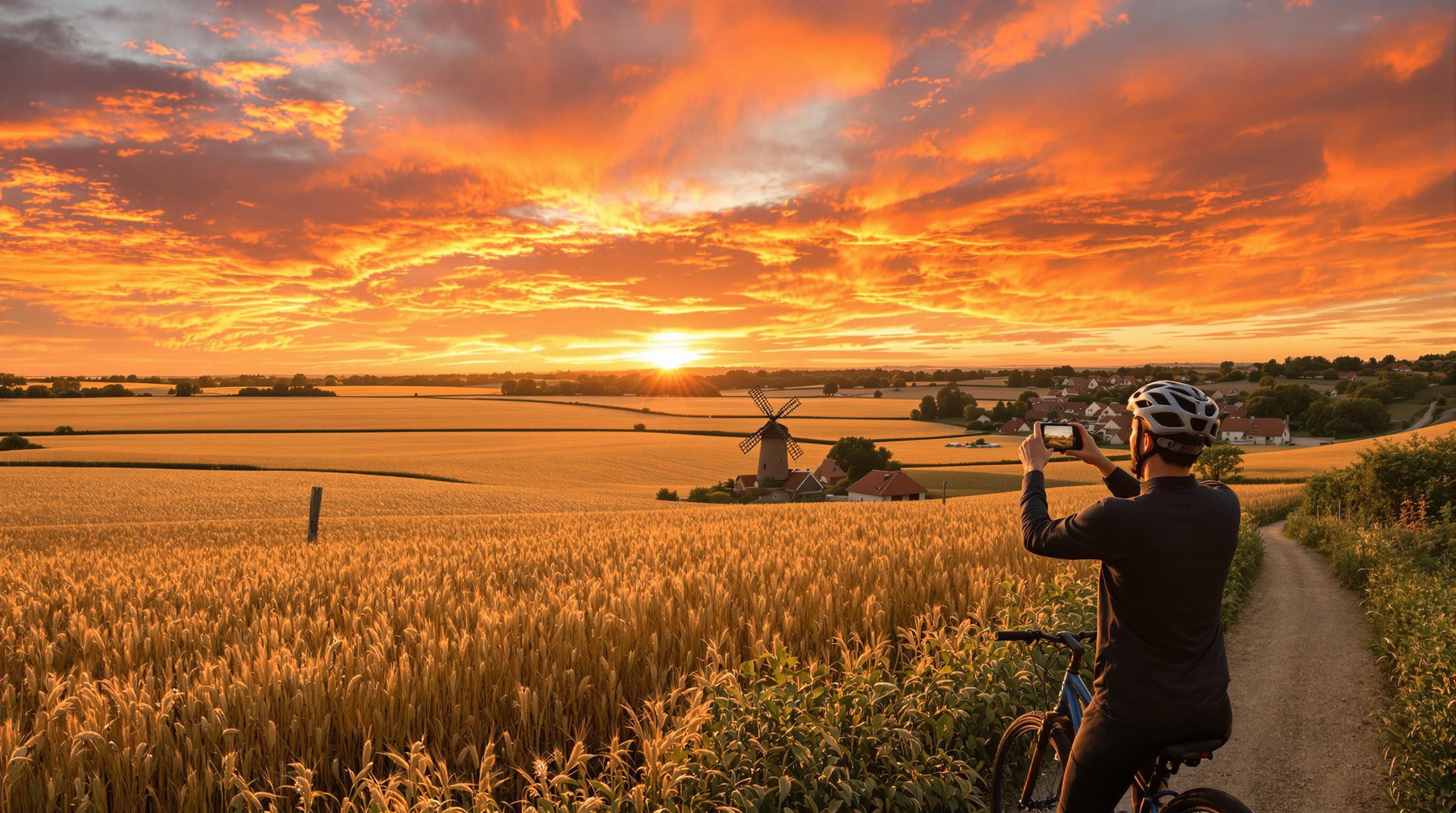 Village beauceron au coucher du soleil avec moulin à vent et champ de blé doré.