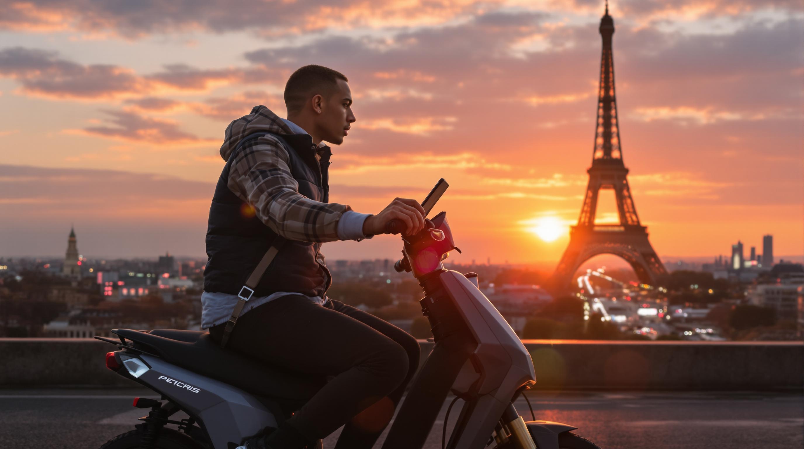Visiteur urbain stylé au lever du soleil, en trottinette électrique devant la Tour Eiffel, smartphone à la main, ambiance urbaine 2025