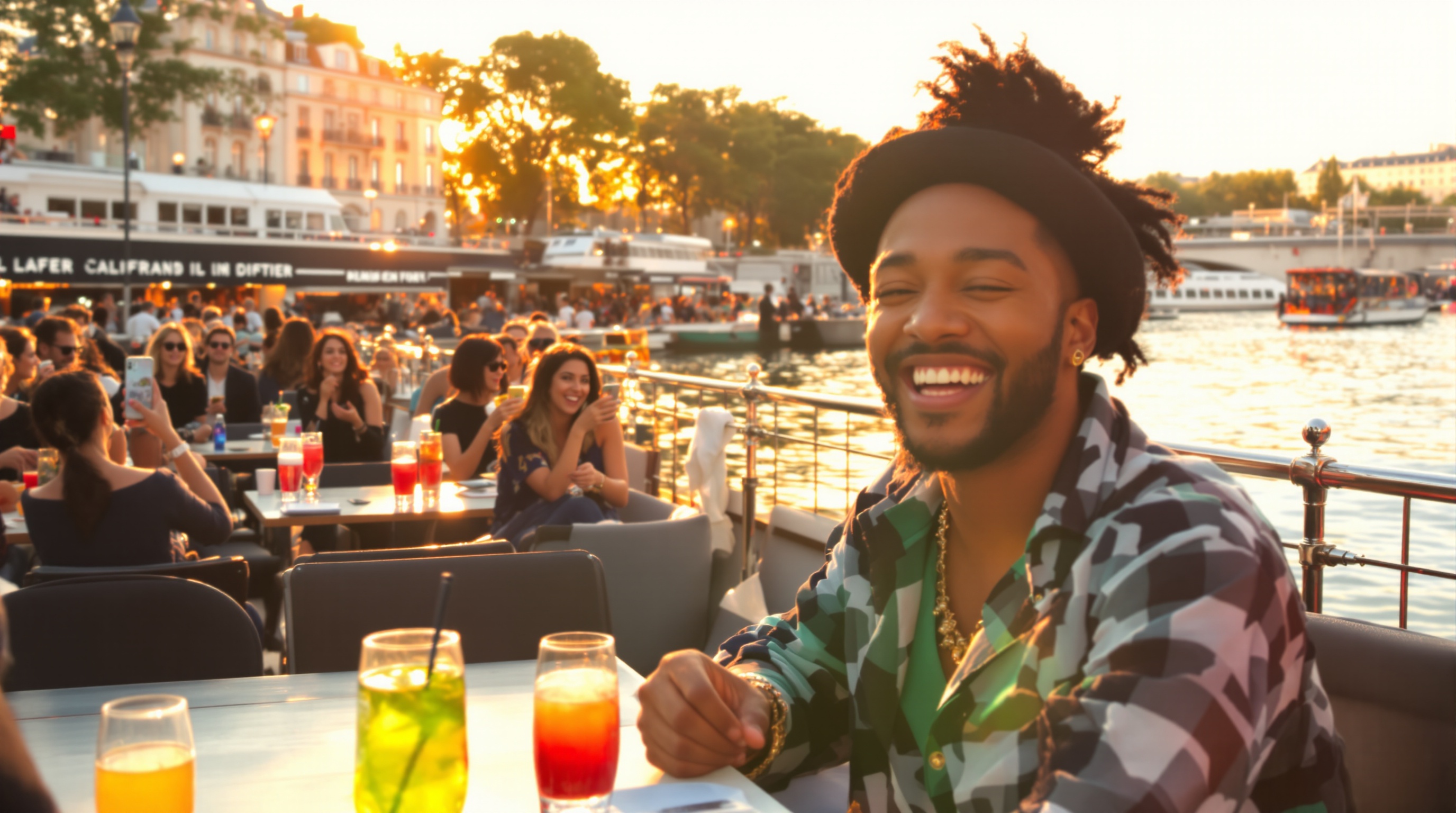 Vlogger stylé sur une péniche branchée à Paris au coucher du soleil