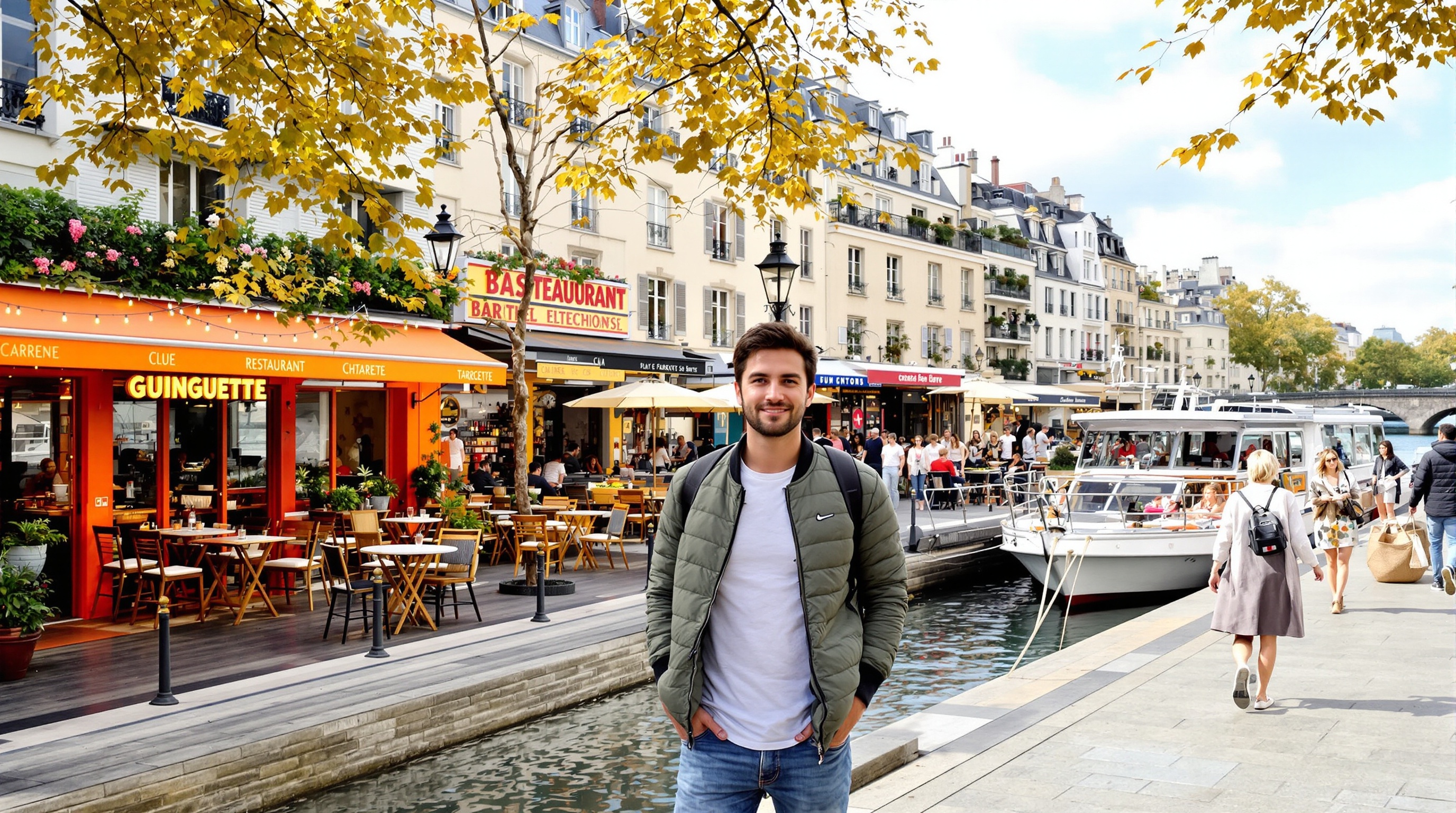 vlogger sarcastique hésitant entre guinguette colorée terrasse chic péniche design quais Seine Paris