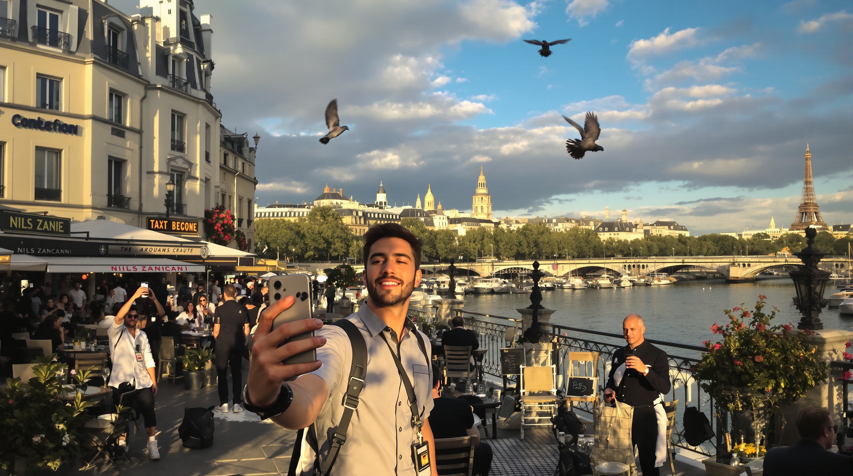 Vlogger au bord de la Seine entre terrasses et péniches parisiennes