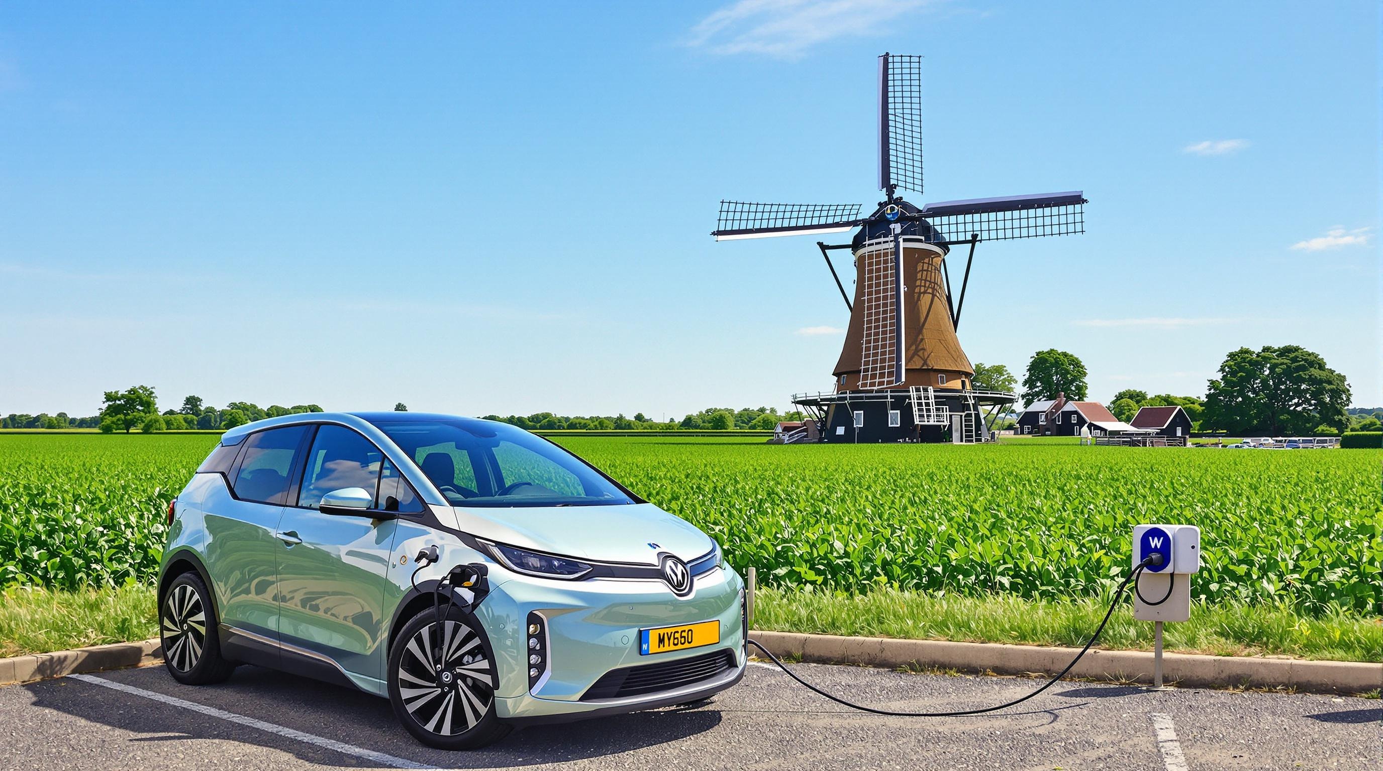 Voiture électrique devant un moulin à Zaanse Schans, parfait pour un roadtrip écologique