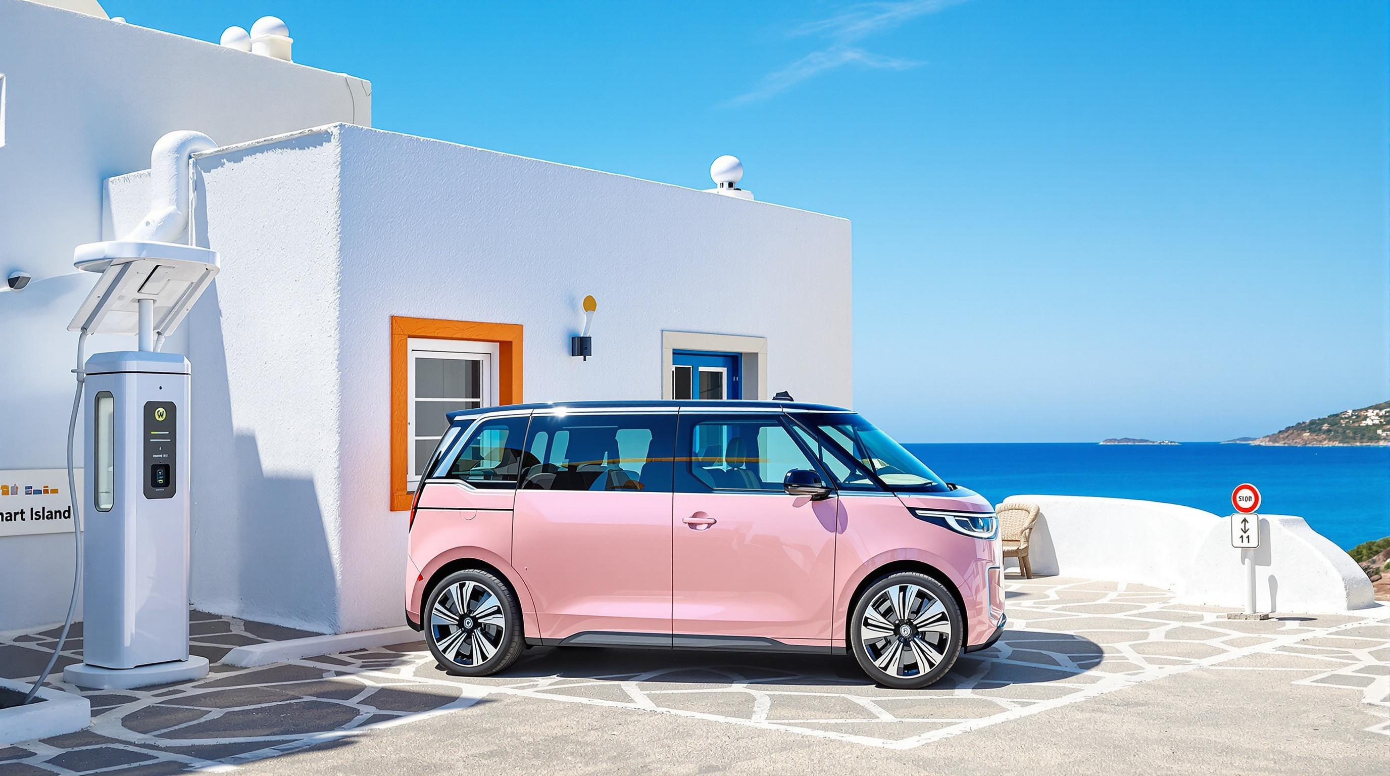 Une mini-fourgonnette électrique Volkswagen ID. Buzz aux couleurs pastel sur Astypalea