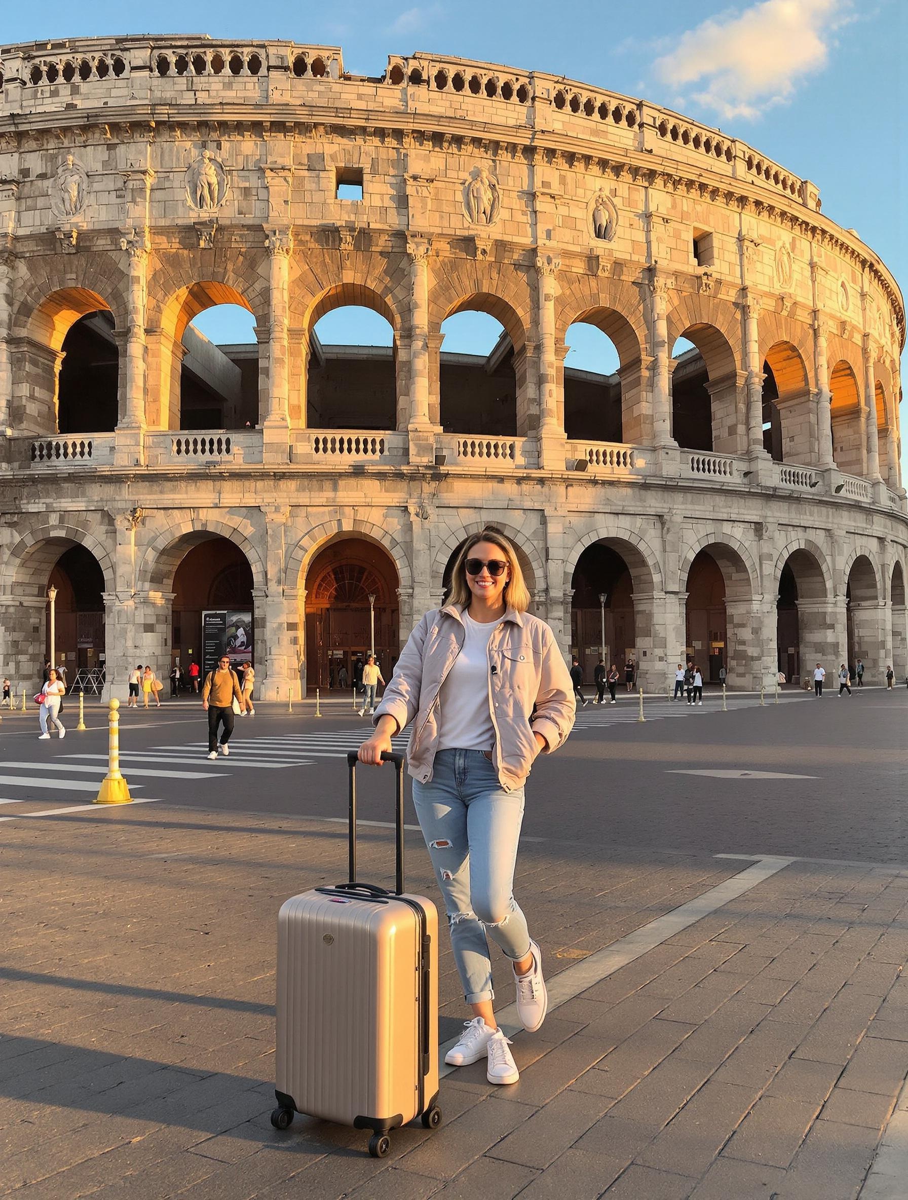 Voyageur devant l’arène de Vérone.