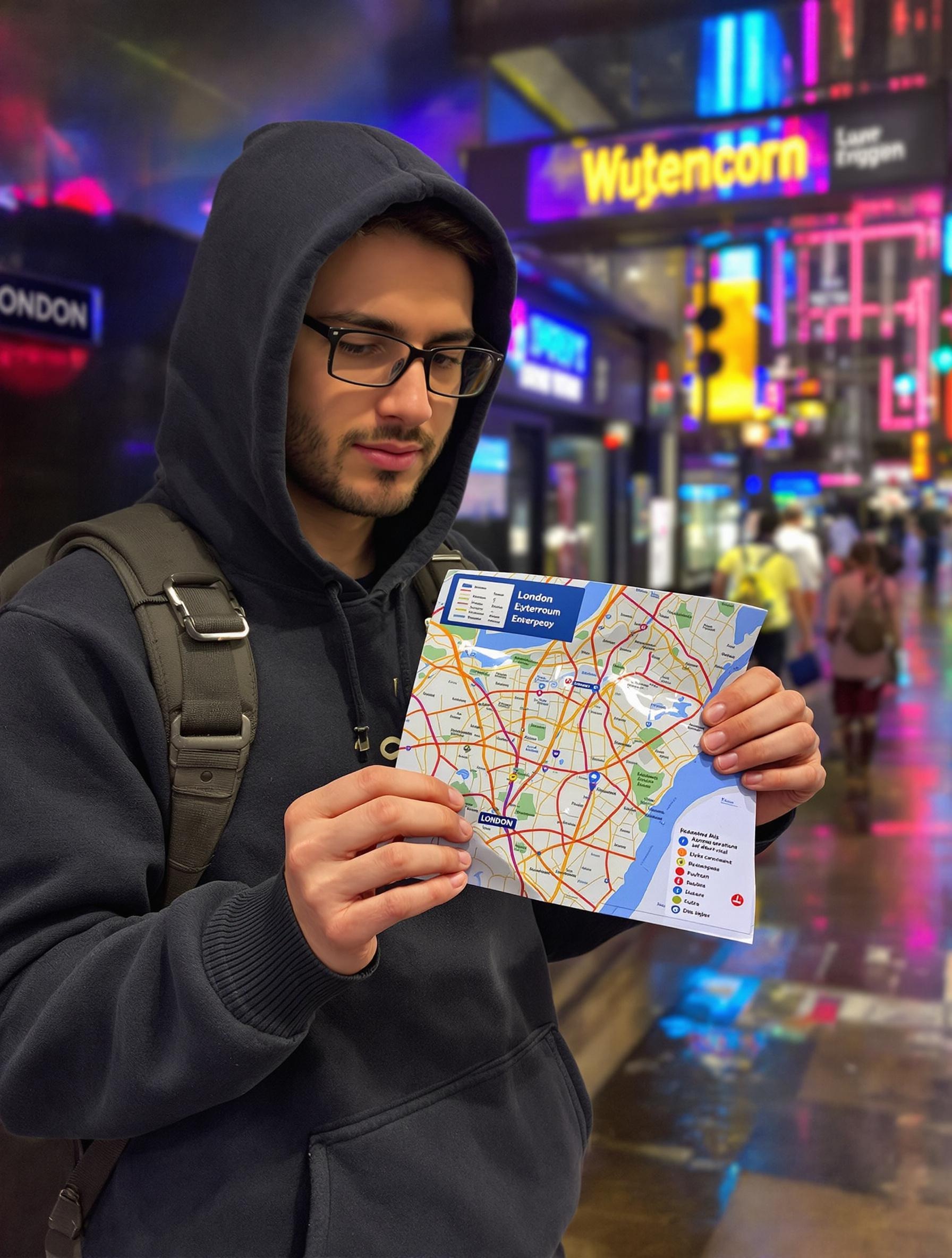 Voyageur pliant une carte waterproof de Londres