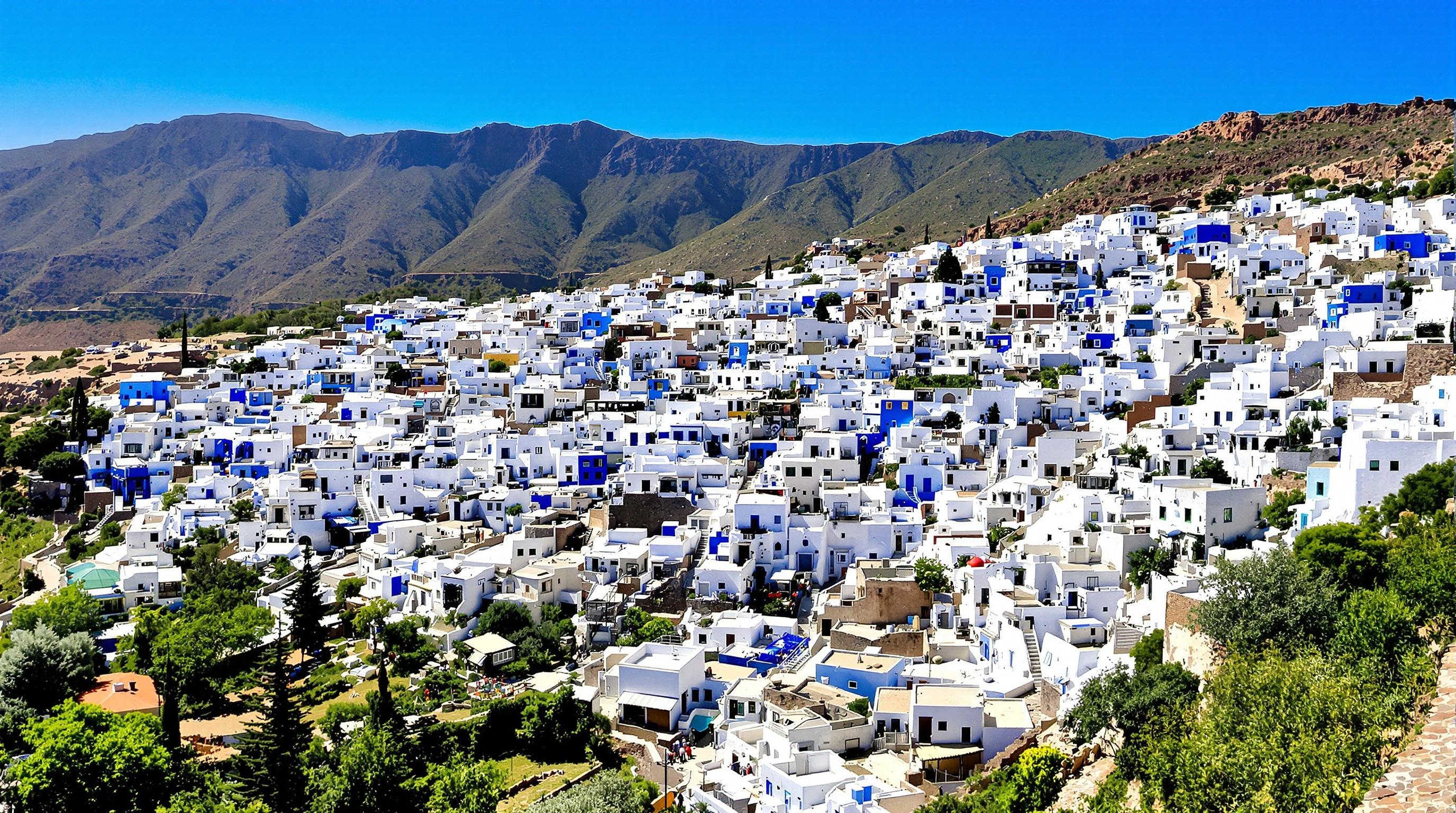 Vue aérienne de Chefchaouen, Maroc : la ville bleue nichée dans les montagnes du Rif.
