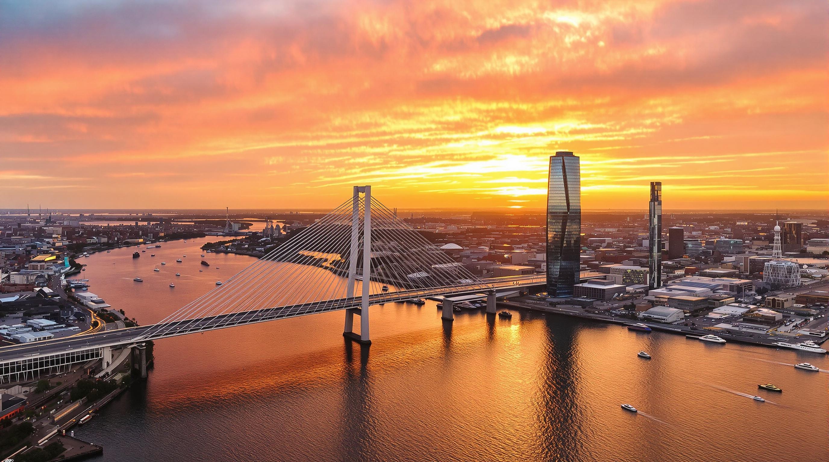 Vue aérienne depuis l’Euromast montrant la Meuse, le Pont Érasme et le gratte-ciel De Rotterdam au golden hour.