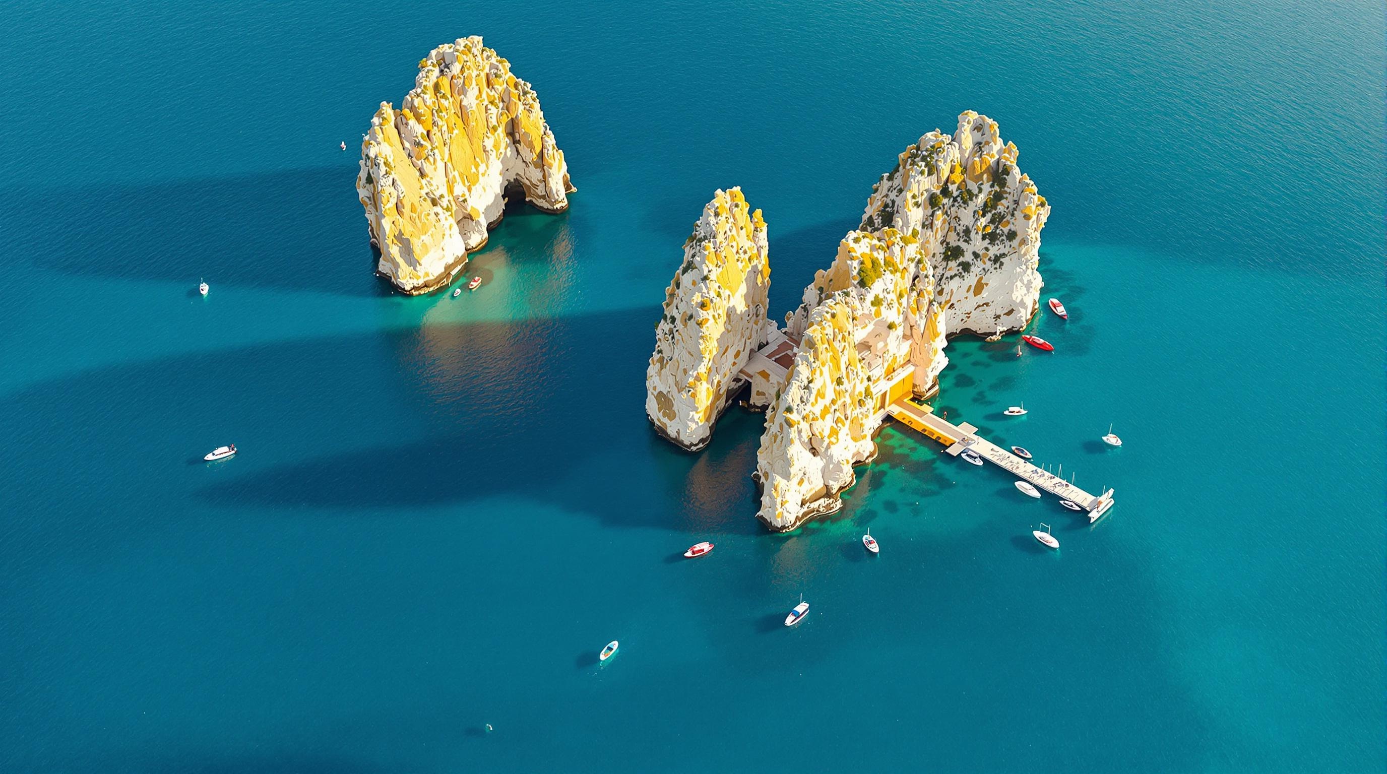 Lever de soleil sur les faraglioni de Scopello, eau turquoise miroir, barques de pêcheurs encore amarrées