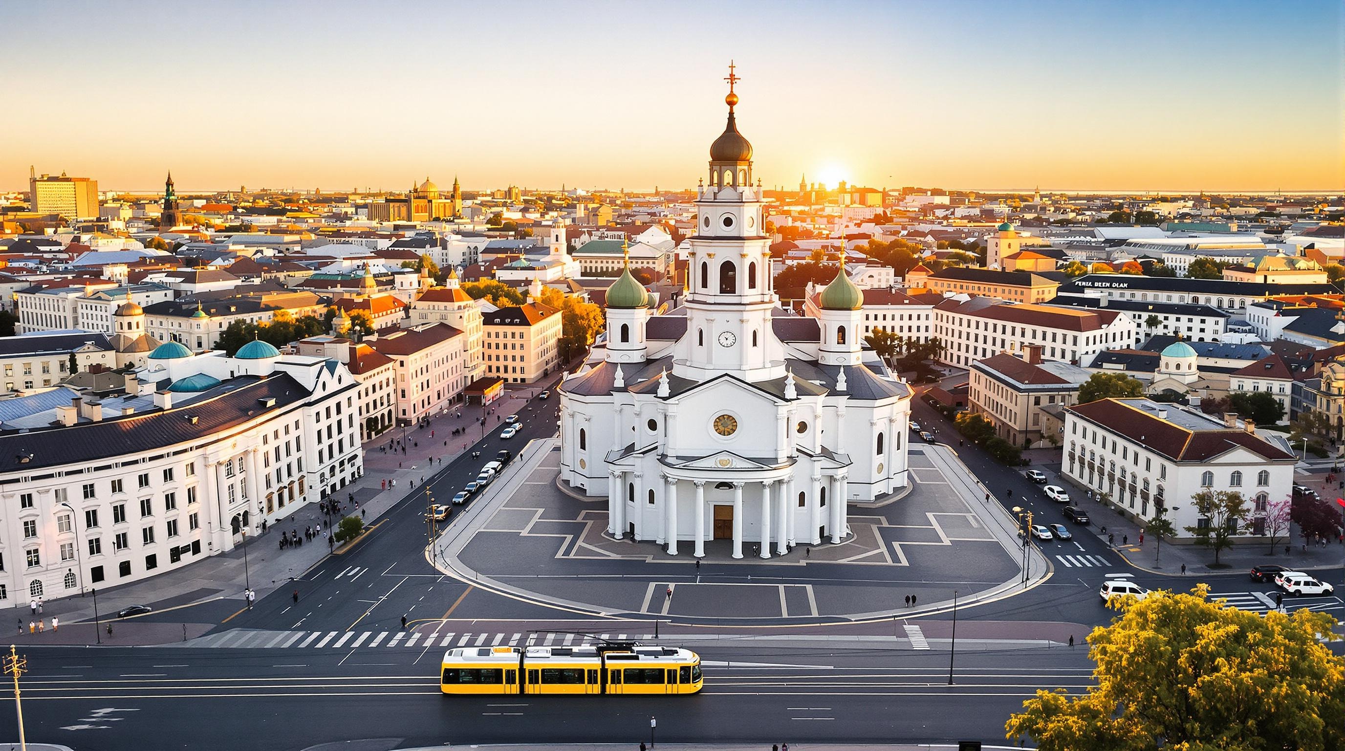 Vue aérienne de la Place du Sénat avec la Cathédrale d’Helsinki immaculée sous une lumière dorée matinale, tram jaune passant au premier plan.