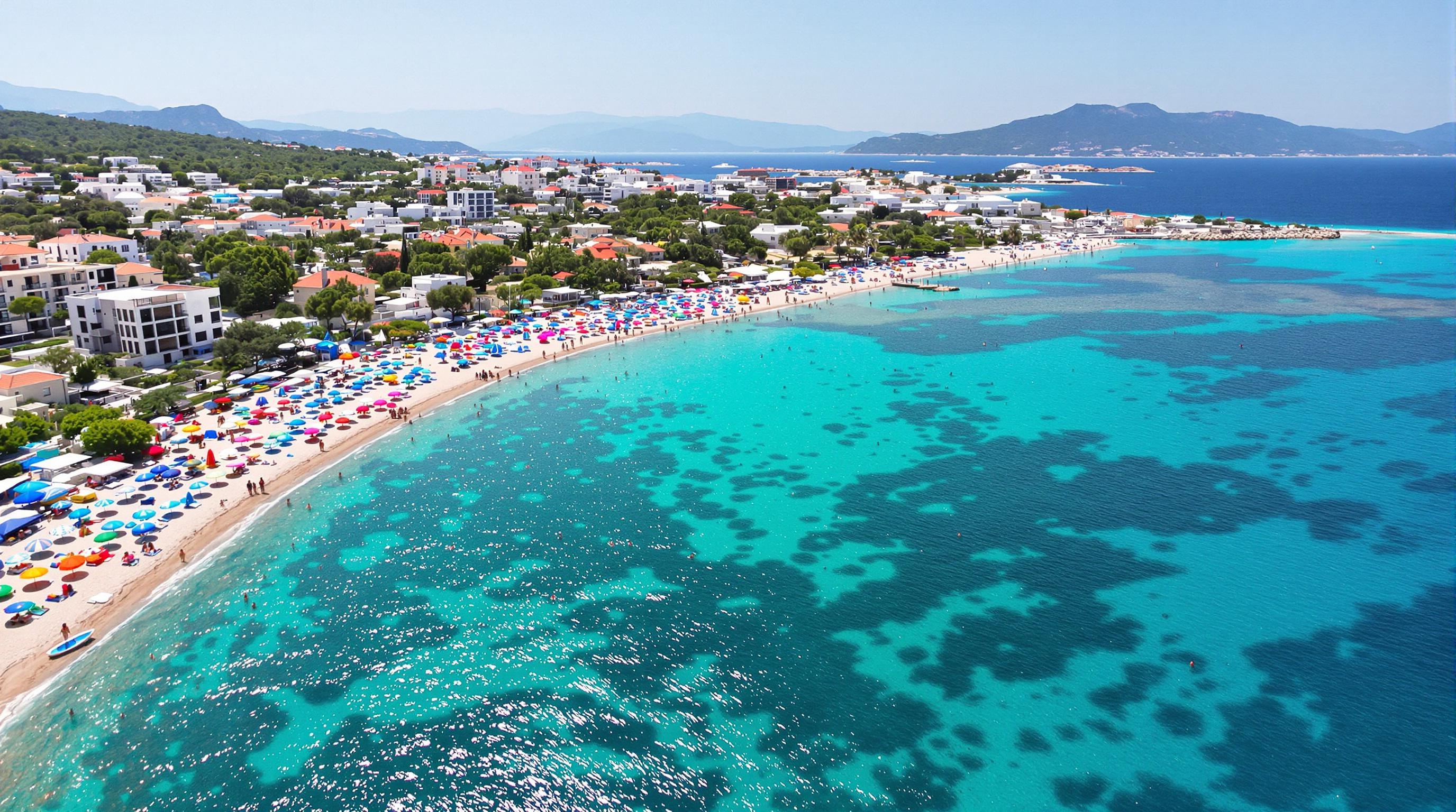 Vue aérienne des plages turquoise de Ksamil, été 2025. Parasols colorés et côte grecque au loin.