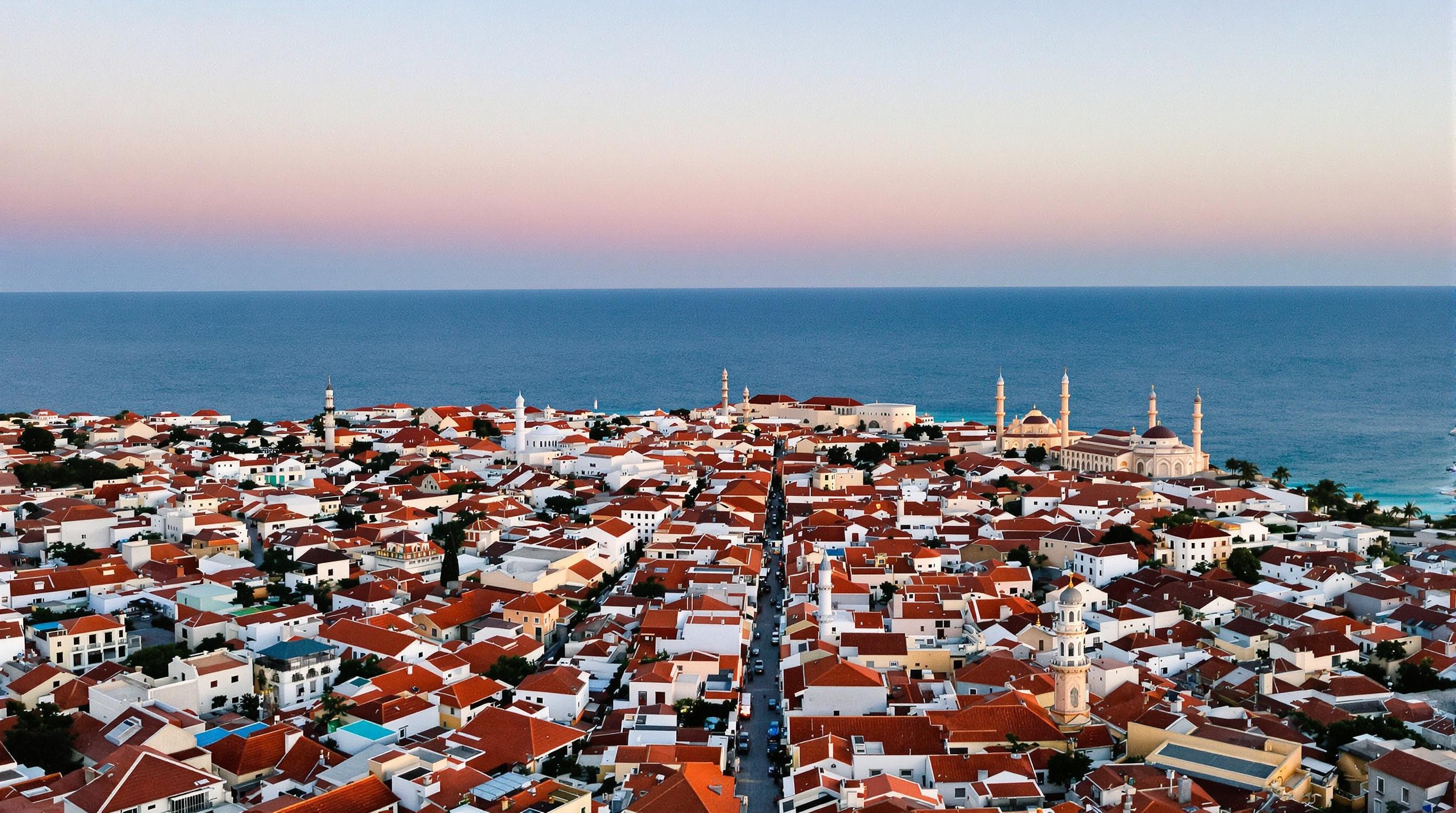 Vue aérienne de Stone Town au crépuscule avec toits rouille et minarets
